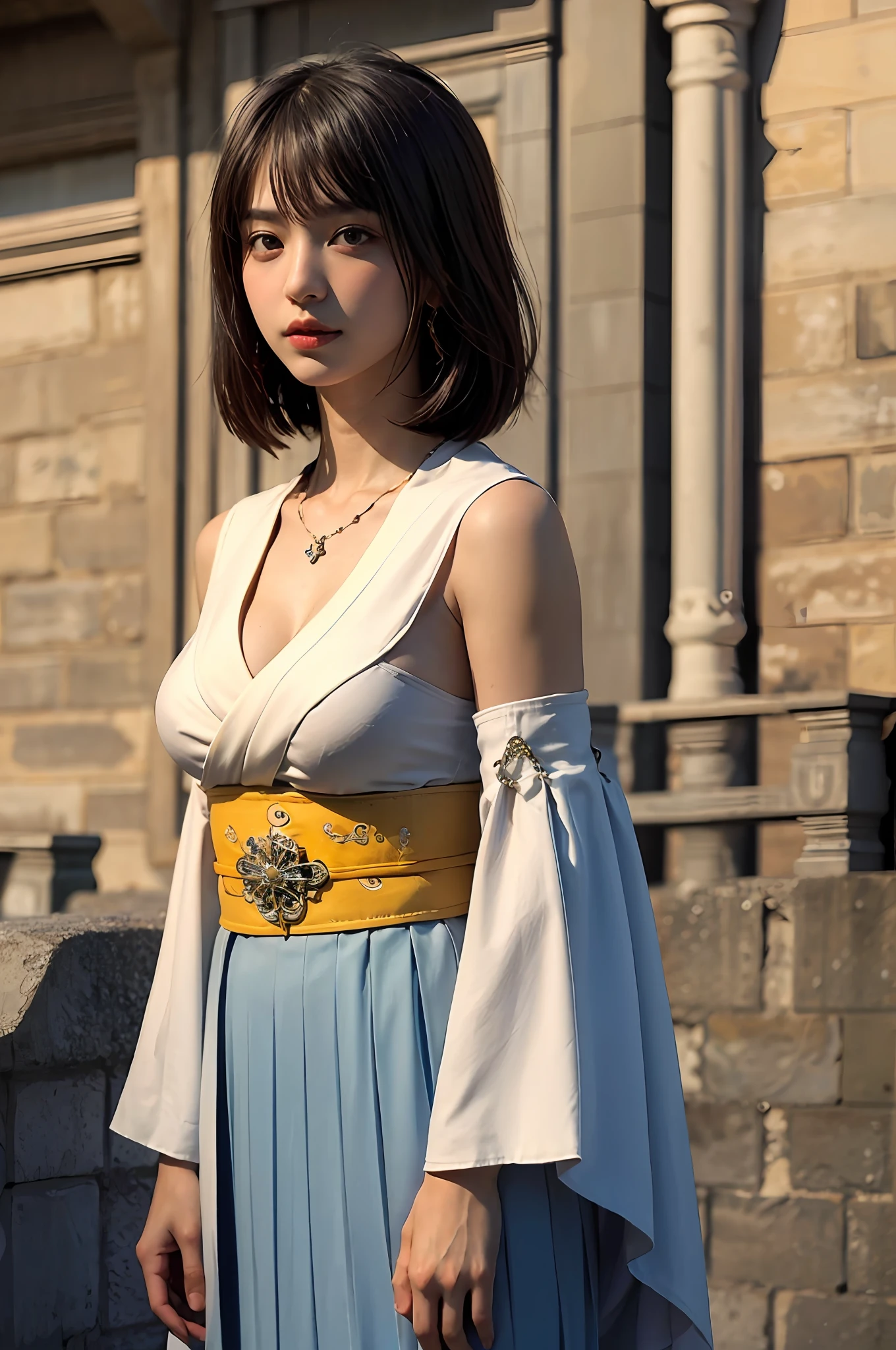 1girl, solo, jewelry, detached sleeves, necklace, blue-beaded earring, hakama skirt
YunaFFX,
ultra high res, photo, photorealistic, highly detailed, detailed face, solo cute woman, castle balcony,
medium breasts, (masterpiece, high quality),looking at viewer, gorgeous goddess, bob cut, shiny skin,
charming, alluring, dreamlike, royal cloak, ((thick bangs)),