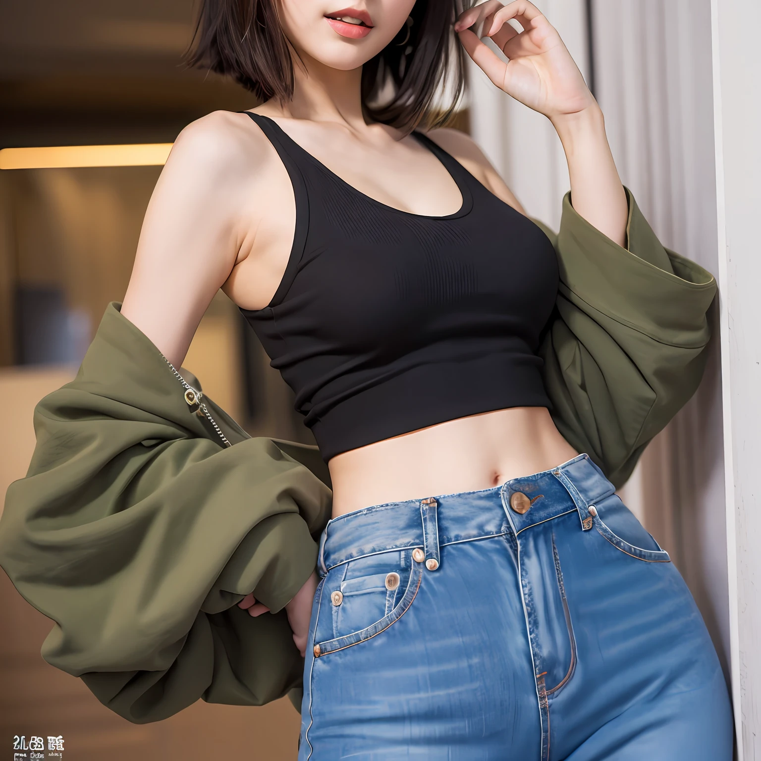 (in 8K, Raw photo, 超A high resolution, Best Quality, masutepiece:1.2), (realistic illustration), (the Extremely Detailed CG Unity 8K Wallpapers), absurderes, 1 girl in, 18 yo, Beautiful face,medium breasts, Black medium hair, embarrassed, Upper body, Slim Fit Pants, Pink tank top, at hotel, Upper body, 乃木坂アイドル, 女優