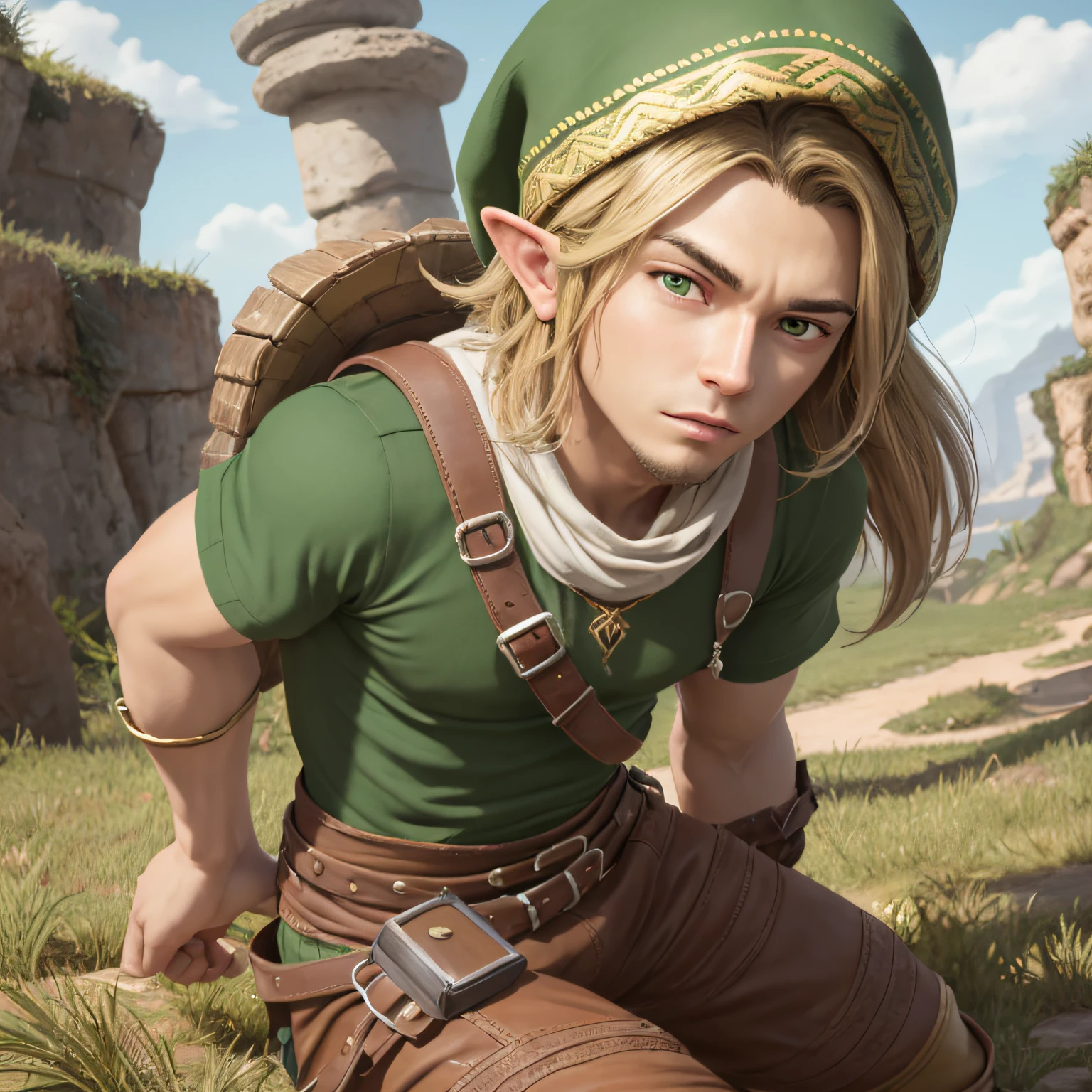 18 anos, ((homem bonito)), forte, personagem do jogo "legend of zelda", roupa verde, botas e luvas marrom, gorro verde, rosto perfeito, olhos perfeitos, altamente detalhado, pintura digital, 8k, cinematic lighthing, melhor qualidade, alta resolução, trabalho detalhado, Post-processing , resultado perfeito, looking serious, cabelo dourado bem comprido