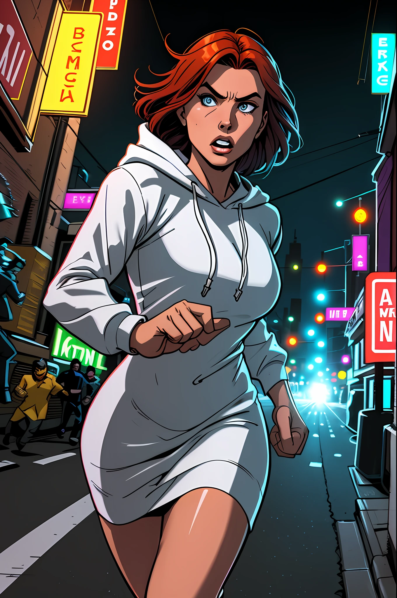 Close up image of 2 subjects, 1girl with auburn colored hair, wearing long sleeve white dress with hood, (running towards camera), (woman looks scared), frightened, running for her life, running away from man wearing armor, getting grabbed by man, down a dirty city alley, futuristic city at (night:1.4), blue and yellow neon signs, chase scene, action scene, thick outlines, comic book style, dynamic camera angle, realistic skin, realistic hands, perfect hands, action lines, motion blur background
