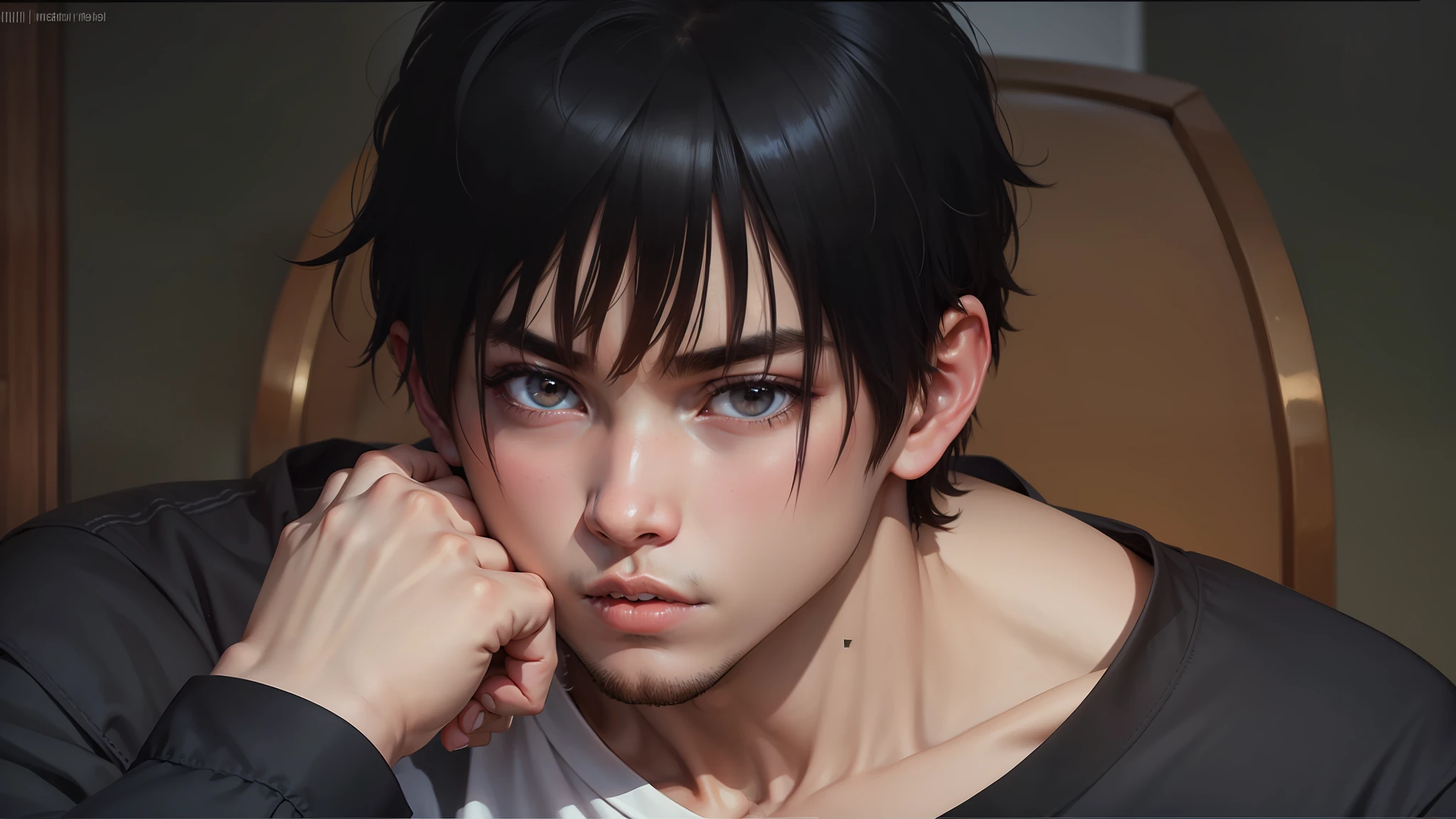 Boy, Adults, slanted eyes, ignorant, long sleave t shirt,Fist touches chin,Hands are clearly visible,boy lips