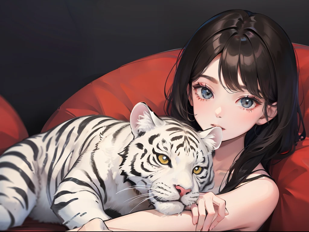 Black-haired young man sitting on white tiger