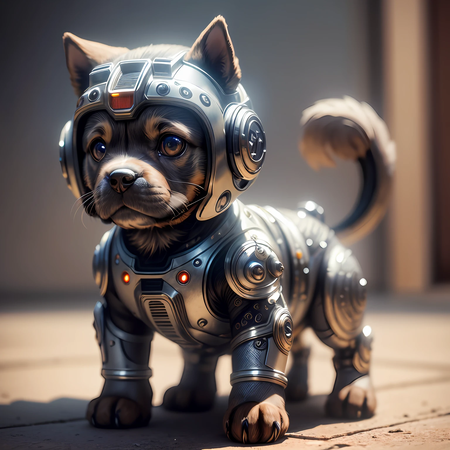 A cute puppy made of metal, (cyborg:1.1), ([tail|detailed wire]:1.3), (intricate detail), hdr, (intricate detail, hyperdetailed:1.2), cine footage, halo shadow, centered --auto