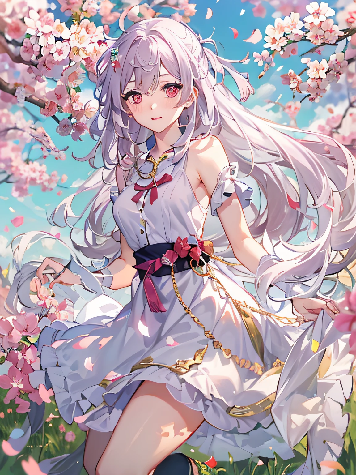 (Highest picture quality), (Master's work),(Detailed eyes description),(Detailed face description), 1girl,red eyes,white hair,(very long hair),very long hair (floating in the wind),hair ornament,white dress,small breast,bare legs,white socks,leather shoes,arms and hands behind back,blush,fluttering grass,(spring,sakura blossoms),petals,(lens flare),altocumulus,dazzling light,cool breeze,(shade) of [a sakura tree],meadow,(the grass is growing and the birds are flying),(lake,surface reflection) (magazine:1.3), (cover-style:1.3), fashionable, woman, vibrant, outfit, posing, front, colorful, dynamic, background, elements, confident, expression, holding, statement, accessory, majestic, coiled, around, touch, scene, text, cover, bold, attention-grabbing, title, stylish, font, catchy, headline, larger, striking, modern, trendy, focus, fashion,