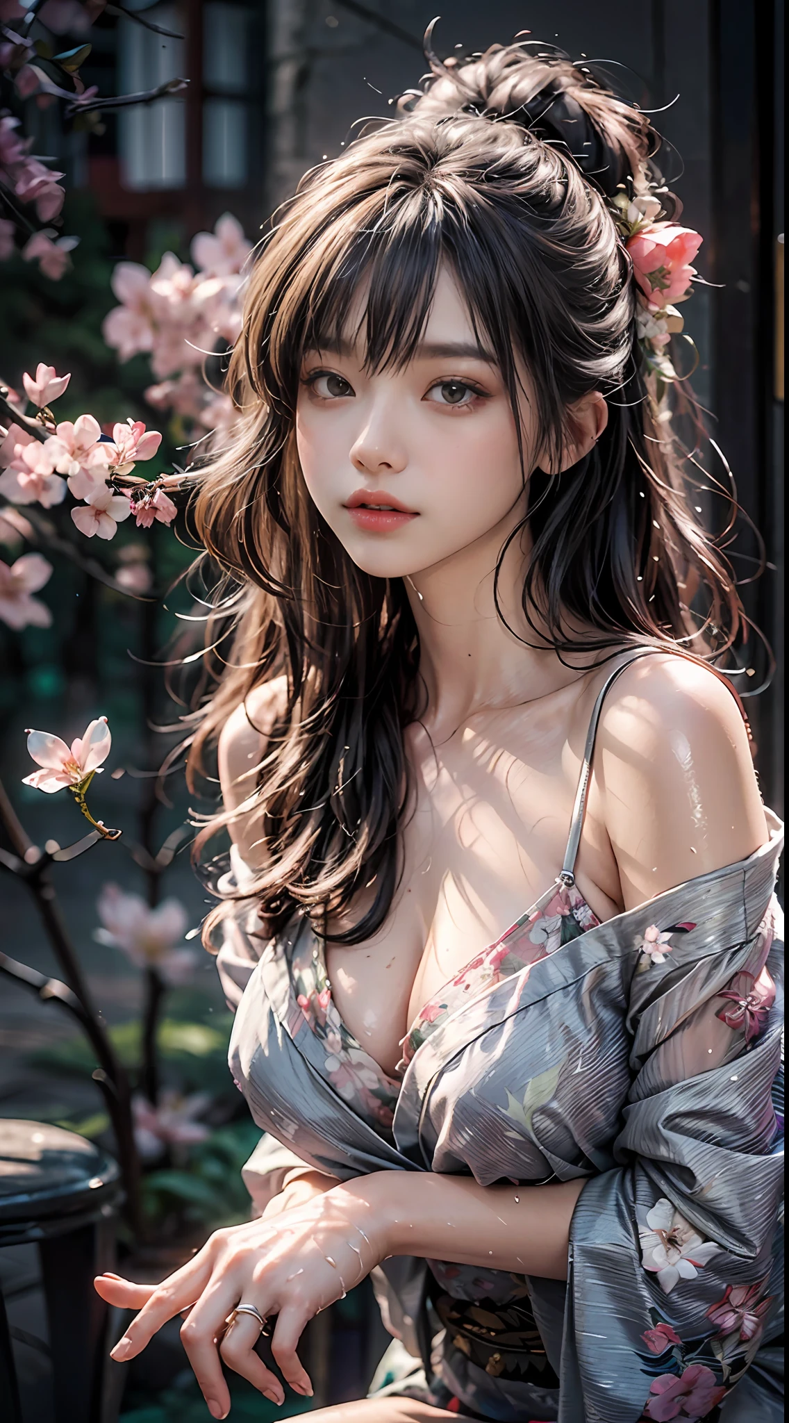 loose outfit、Show shoulders、How to wear a broken see-through kimono、Decorated with intricate patterns and bright colors、Transparent material、Artistic depiction of seductive woman in kimono with wet thin cloth and transparent skin, Floral and fantastic pattern with flowing silky traditional see-through skin。Her dress draped elegantly around her curvaceous figure、Emphasizes her charming silhouette。She is sitting on a chair in a sexy pose at night when gentle fireworks go up、bathed in the soft glow of moonlight。The scene is、With a hint of mystery and sensuality、It exudes an ethereal dreamy atmosphere。The image style is、It incorporates a blend of watercolor and digital illustration techniques.、It makes you feel delicate beauty and charm。Soft moonlit lighting、Cast gentle highlights and shadows on her mesmerizing features。dance、dance、dance、dance、The hand is somewhere、see -through、show through、A sexy、Wet hair、Wet、cherry trees、flower petals、cherryblossom、The cherry tree、Sakura blizzard、buried、Transparent skin、Wet clothes、A lot of big phalaenopsis in hair、Floral ornament、
