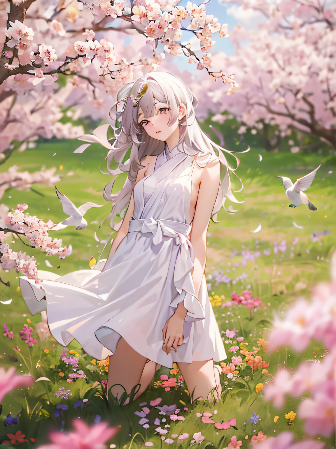 (Highest picture quality), (Master's work),(Detailed eyes description),(Detailed face description), 1girl,red eyes,white hair,(very long hair),very long hair (floating in the wind),hair ornament,white dress,small breast,bare legs,white socks,leather shoes,arms and hands behind back,blush,fluttering grass,(spring,sakura blossoms),petals,(lens flare),altocumulus,dazzling light,cool breeze,(shade) of [a sakura tree],meadow,(the grass is growing and the birds are flying),(lake,surface reflection) (magazine:1.3), (cover-style:1.3), fashionable, woman, vibrant, outfit, posing, front, colorful, dynamic, background, elements, confident, expression, holding, statement, accessory, majestic, coiled, around, touch, scene, text, cover, bold, attention-grabbing, title, stylish, font, catchy, headline, larger, striking, modern, trendy, focus, fashion,