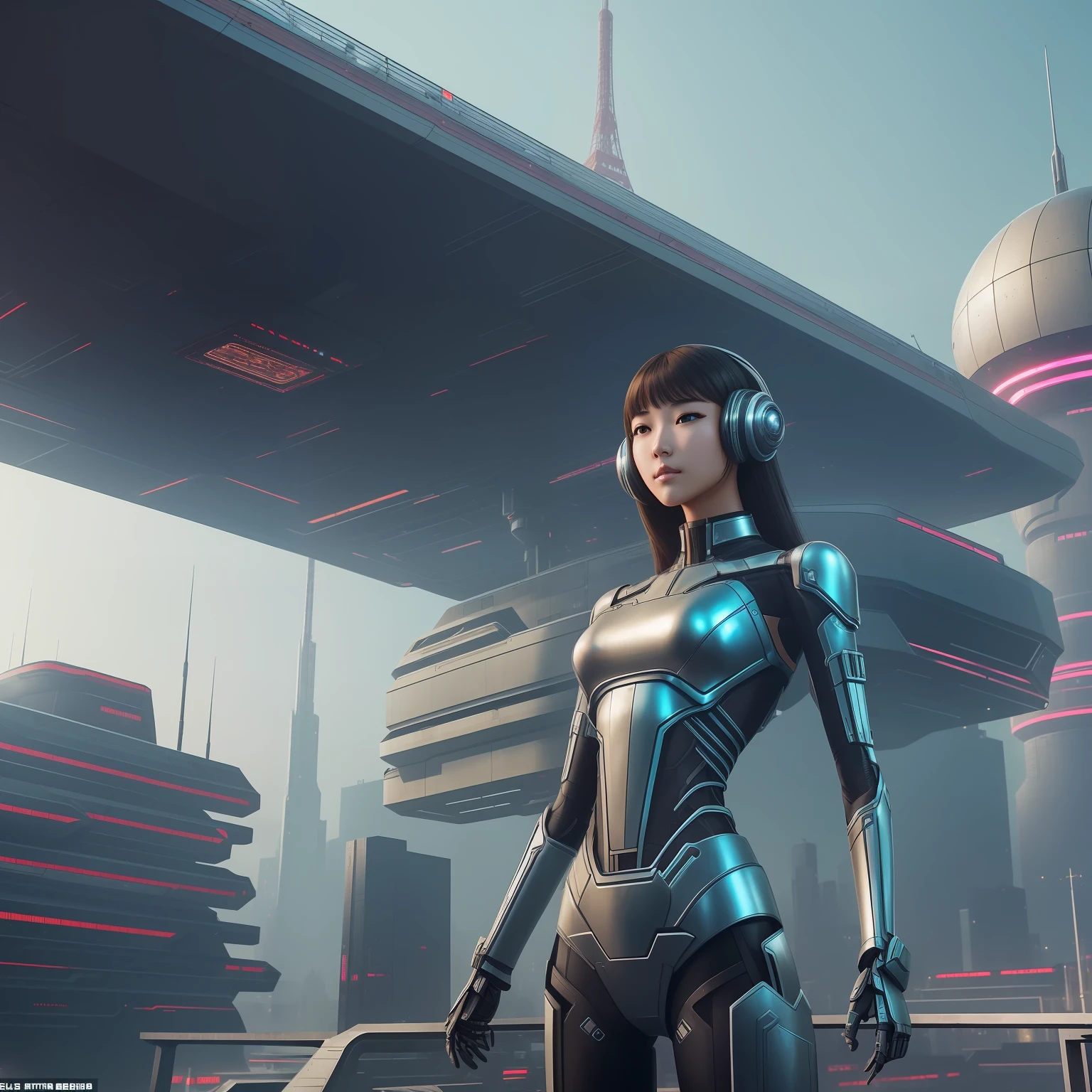 best qualtiy，Refined face，25岁少女，Slim body，A body made of metal，Smaller bust，Metallic structural skeleton，Stand up，There are huge spaceships floating in the air，cyber punk perssonage，Sci-fi，Cyberpunk street side --auto
