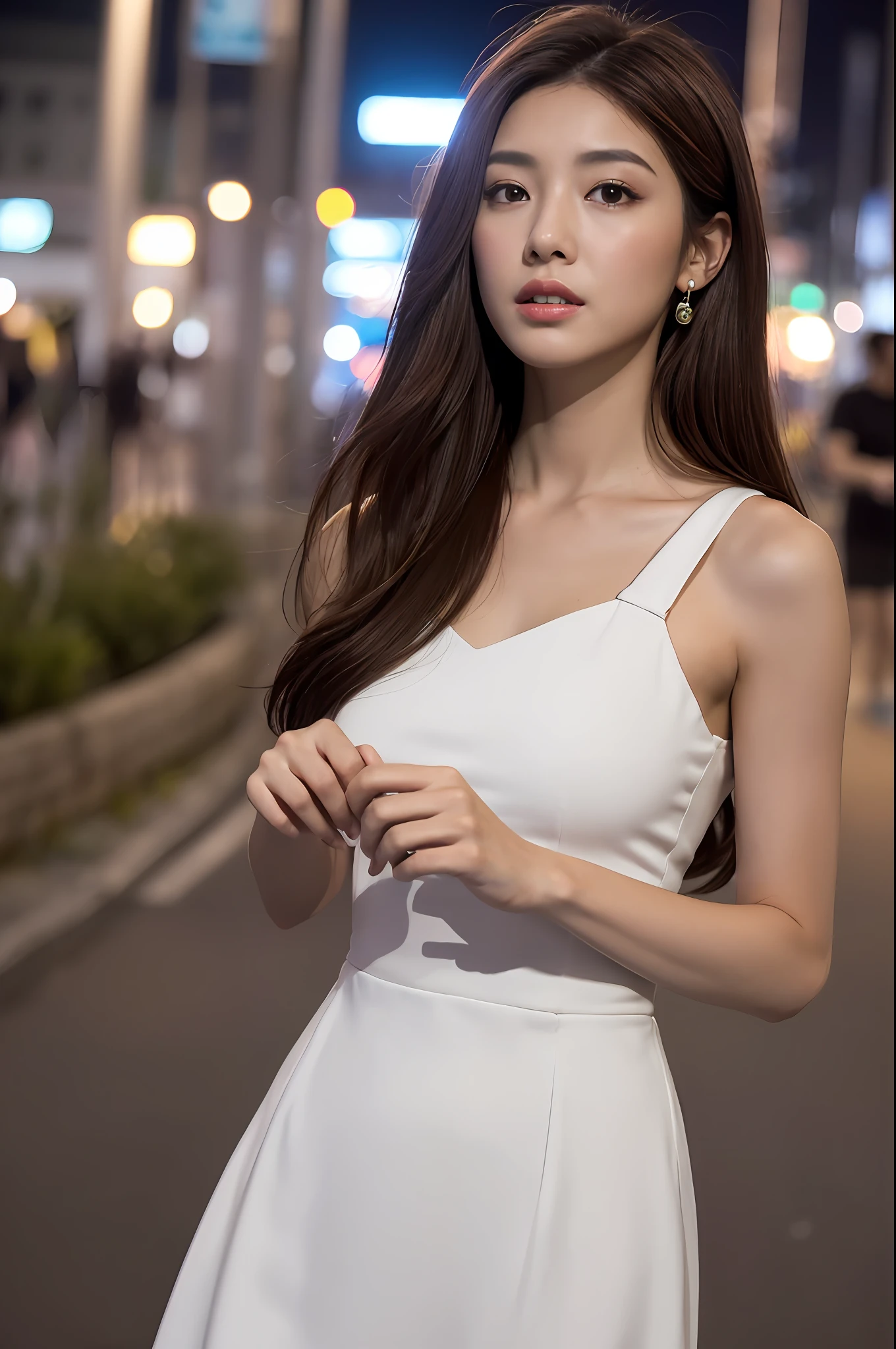((Realistic lighting, Best quality, 8K, Masterpiece: 1.3)), Focus: 1.2, 1girl, Perfect Figure: 1.4, Slim Abs: 1.1, ((Dark brown hair)), (White dress: 1.4), (Outdoor, Night: 1.1), City streets, Super fine face, Fine eyes, Double eyelids,
