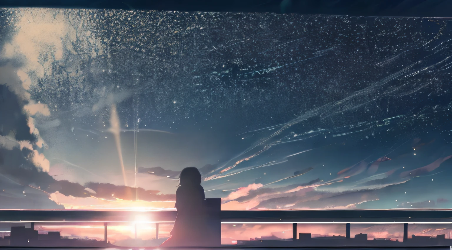 (超高分辨率,Photorealistic,Realistic,Best quality,photo-realistic), (anime big breast，siluette， As estrelas （Skysky）， Clouds， view over city， build， 城市， exteriors， skyscrapper， City lights， the night， nigh sky， the sunset， skylines