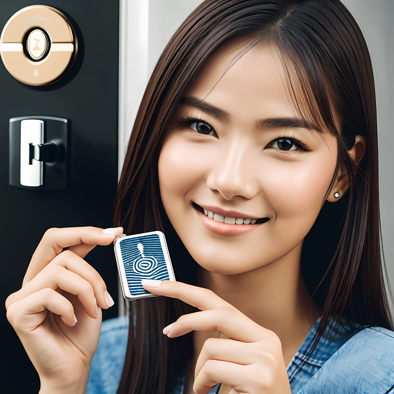 Beautiful woman holding Lunbang brand fingerprint lock in her hand --auto