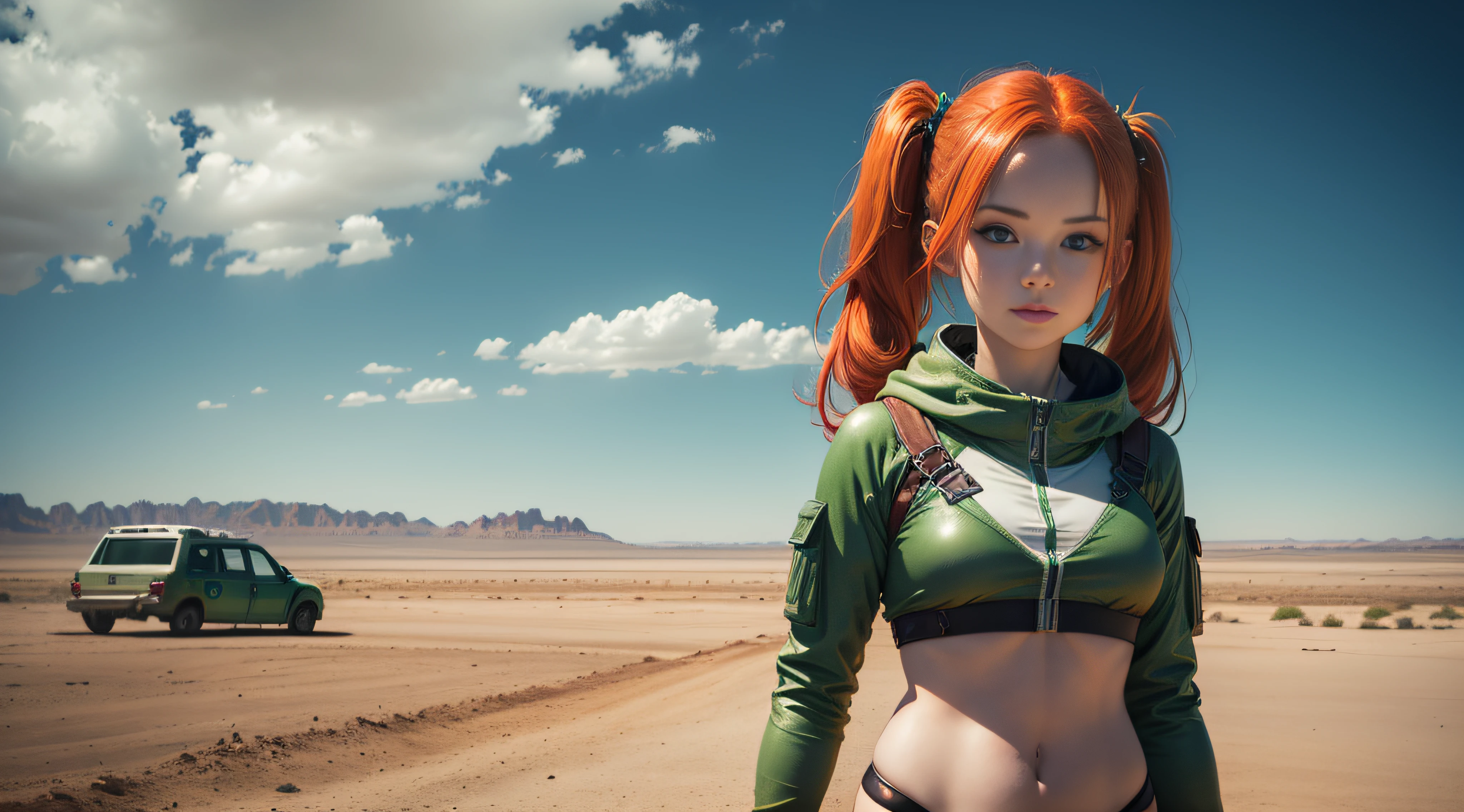 cute redhead woman in twin tails, multiple rainbow colored hair, sky-blue eyes, happy, Ukrainian, petite, pale skin, wearing a green metallic color bikini, post apocalyptic background, bleak barren desert, photo realistic woman. --auto