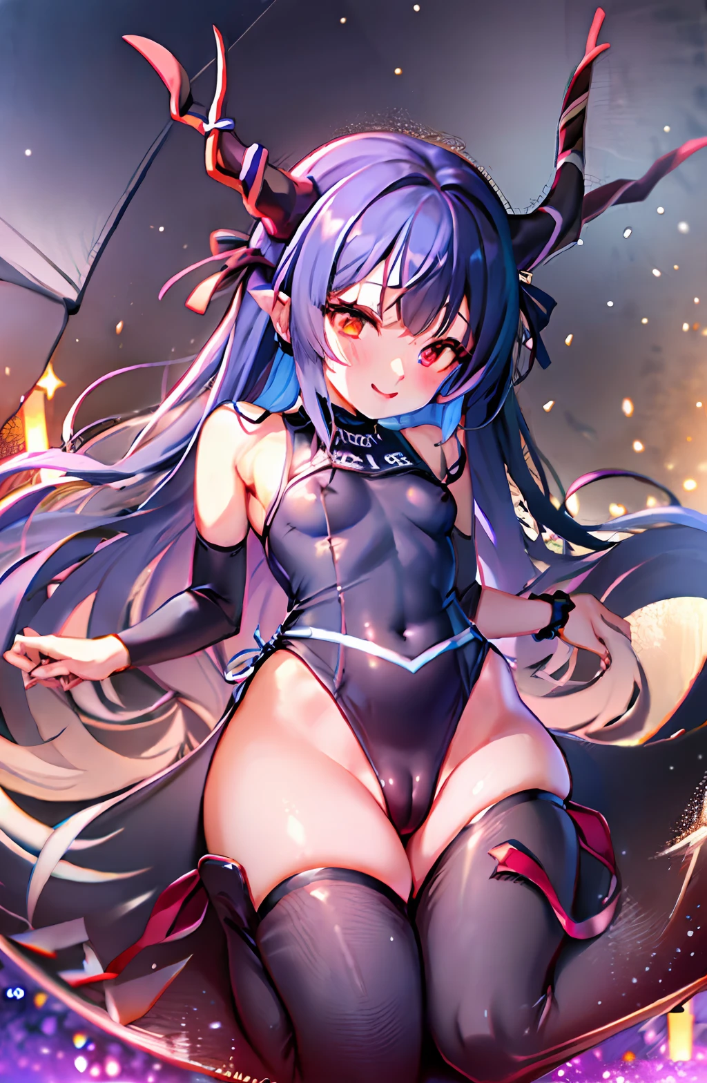 destino/Gran Orden, Ibuki Douji (destino) , 1girl,solamente, hombros, cuernos negros , negro, onepiece swimsuit , blue hair blush body marks breasts neckline cloud clavicle colored skin skin covered navel dark skin female dark skin dragon girl earrings gray skin highleg highleg highleg swimsuit horns innertube jewelry katana breasts small lick lips long hair looking at the viewer multicolored hair multicolored horns paper umbrella oil multiple horns one-piece swimsuit one eye closed oni oni horns pink hat pink horns pink swimsuit One piece pointed ears ponytail red eyes sidelocks smile only swimsuit sword tail thigh thighs thighs tongue out two-tone swimsuit umbrella visor cap weapon bracelet gotica