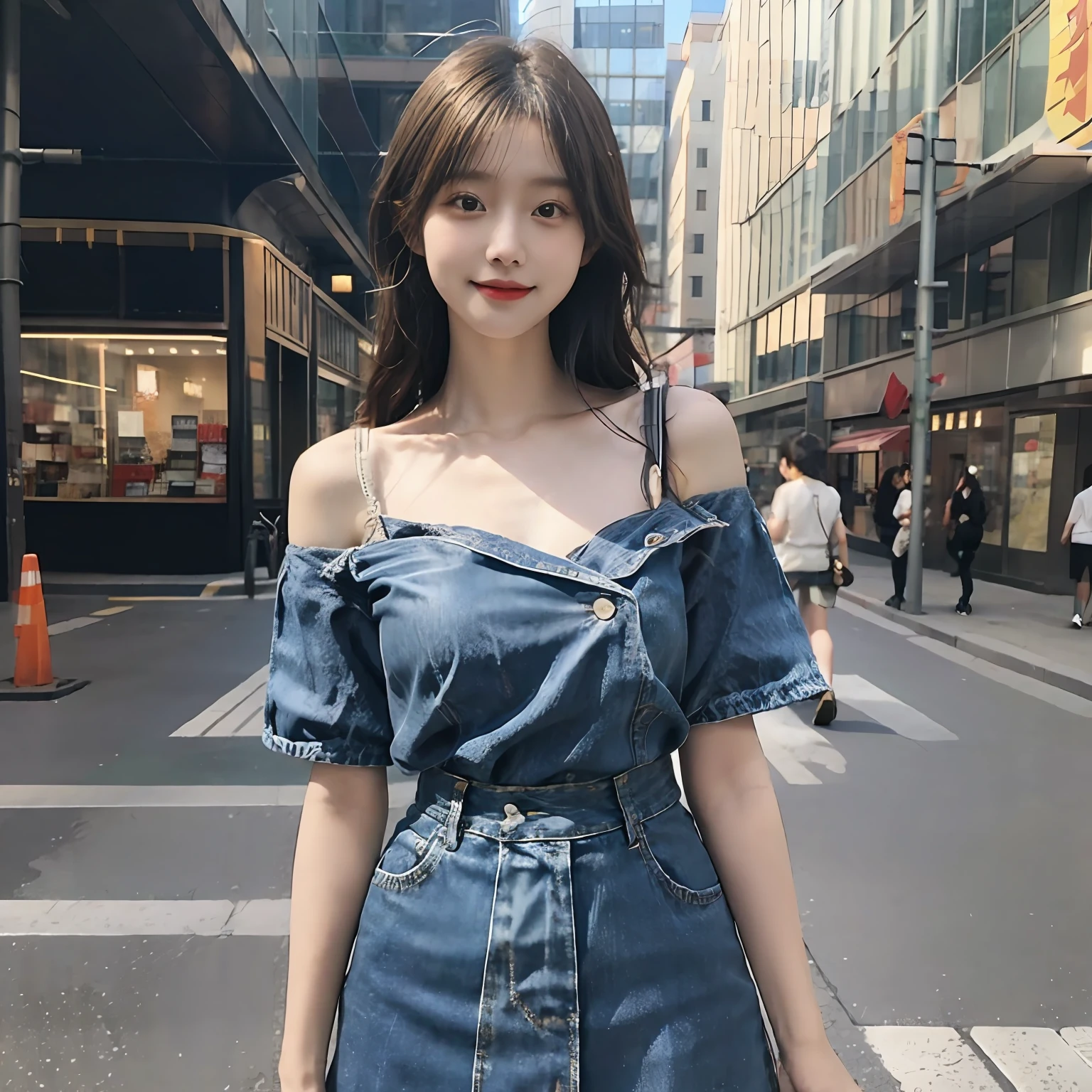 Street photography:1个Giant Breast Girl,Denim skirt to wear。ssmile,self-assured,rays of sunshine,Bare chest。