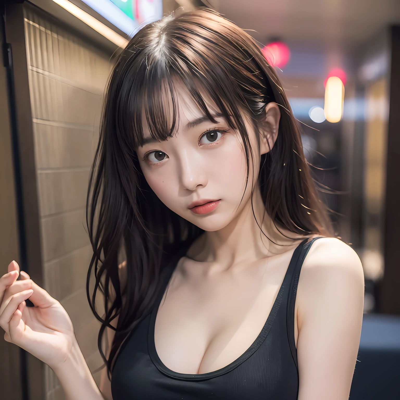 (in 8K, Raw photo, 超A high resolution, Best Quality, masutepiece:1.2), (realistic illustration), (the Extremely Detailed CG Unity 8K Wallpapers), absurderes, 1 girl in, 18 yo, Beautiful face,medium breasts, Black medium hair, embarrassed, Upper body, Slim Fit Pants, Pink tank top, at hotel, Upper body, 乃木坂アイドル, 女優