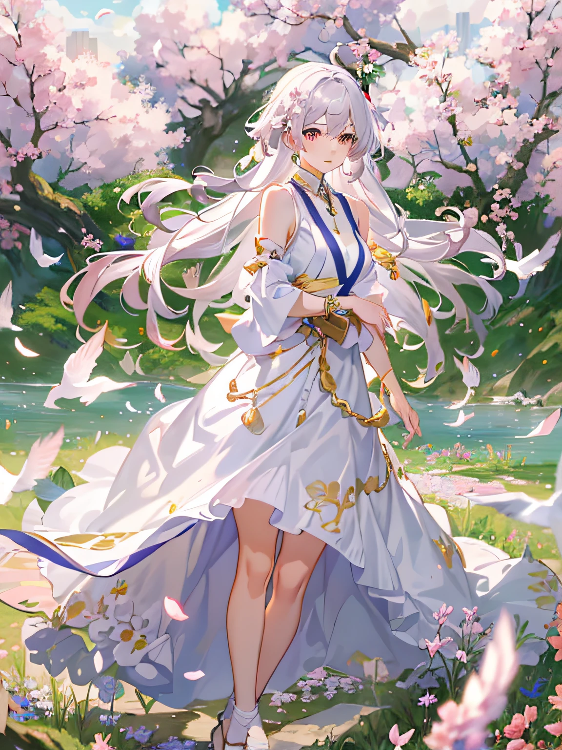 (Highest picture quality), (Master's work),(Detailed eyes description),(Detailed face description), 1girl,red eyes,white hair,(very long hair),very long hair (floating in the wind),hair ornament,white dress,small breast,bare legs,white socks,leather shoes,arms and hands behind back,blush,fluttering grass,(spring,sakura blossoms),petals,(lens flare),altocumulus,dazzling light,cool breeze,(shade) of [a sakura tree],meadow,(the grass is growing and the birds are flying),(lake,surface reflection) (magazine:1.3), (cover-style:1.3), fashionable, woman, vibrant, outfit, posing, front, colorful, dynamic, background, elements, confident, expression, holding, statement, accessory, majestic, coiled, around, touch, scene, text, cover, bold, attention-grabbing, title, stylish, font, catchy, headline, larger, striking, modern, trendy, focus, fashion,