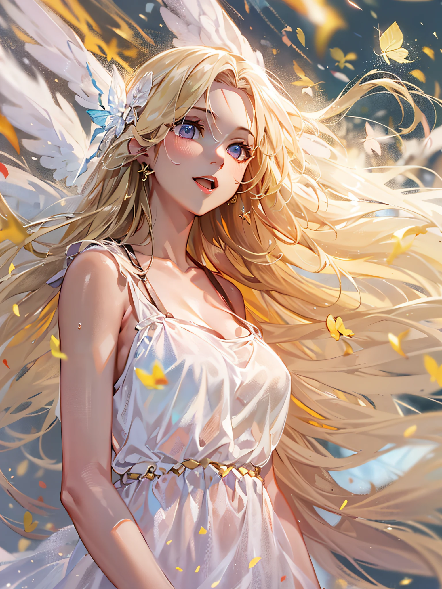 angel, super beautiful, colorful splashing, hiten, clear and beautiful, mysterious, beautifully painted, female, very long hair, bangs, floating hair, blonde hair, hair fluttering in the wind, delicate beautiful face, light smile, bright skin, white dress with gold decoration, Floating light spot, beautiful and clear background, Absurd, very fine 8K CG wallpaper, absurdres, highres, masterpiece:1.4, best quality:1.2