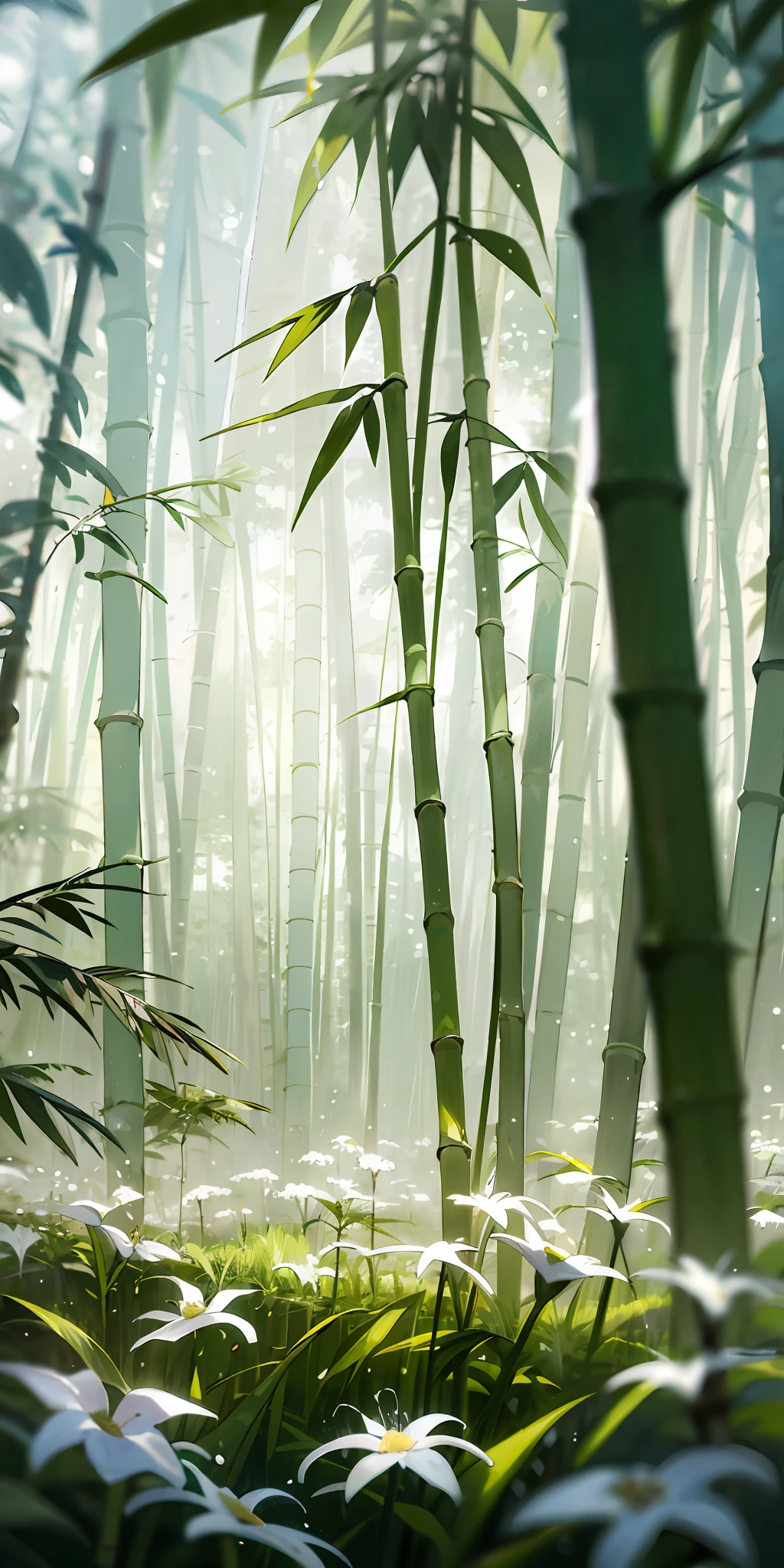 Masterpiece, 8k,Best quality, Studio lighting,White wildflowers,Cloudy, dense fog,Small rivers, bamboo forrest, rain, lighting