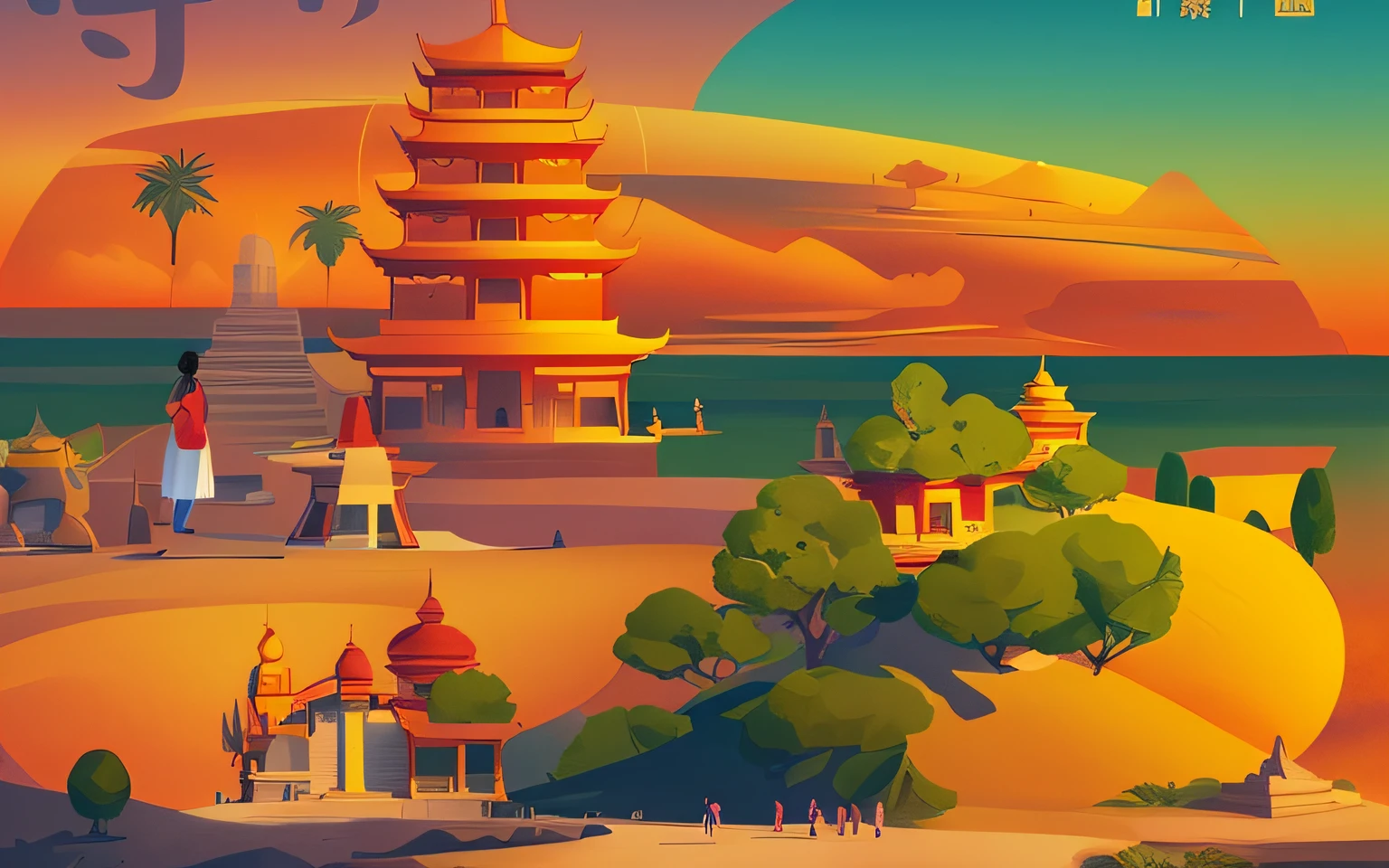 poster for,Gamine,digital painting of a pagoda, Temple background, 2d matte illustration, Poster illustration, background depicting a temple, KIDS ILLUSTRATION,Flat wind chart,Silk Road,the sunset,amarelo