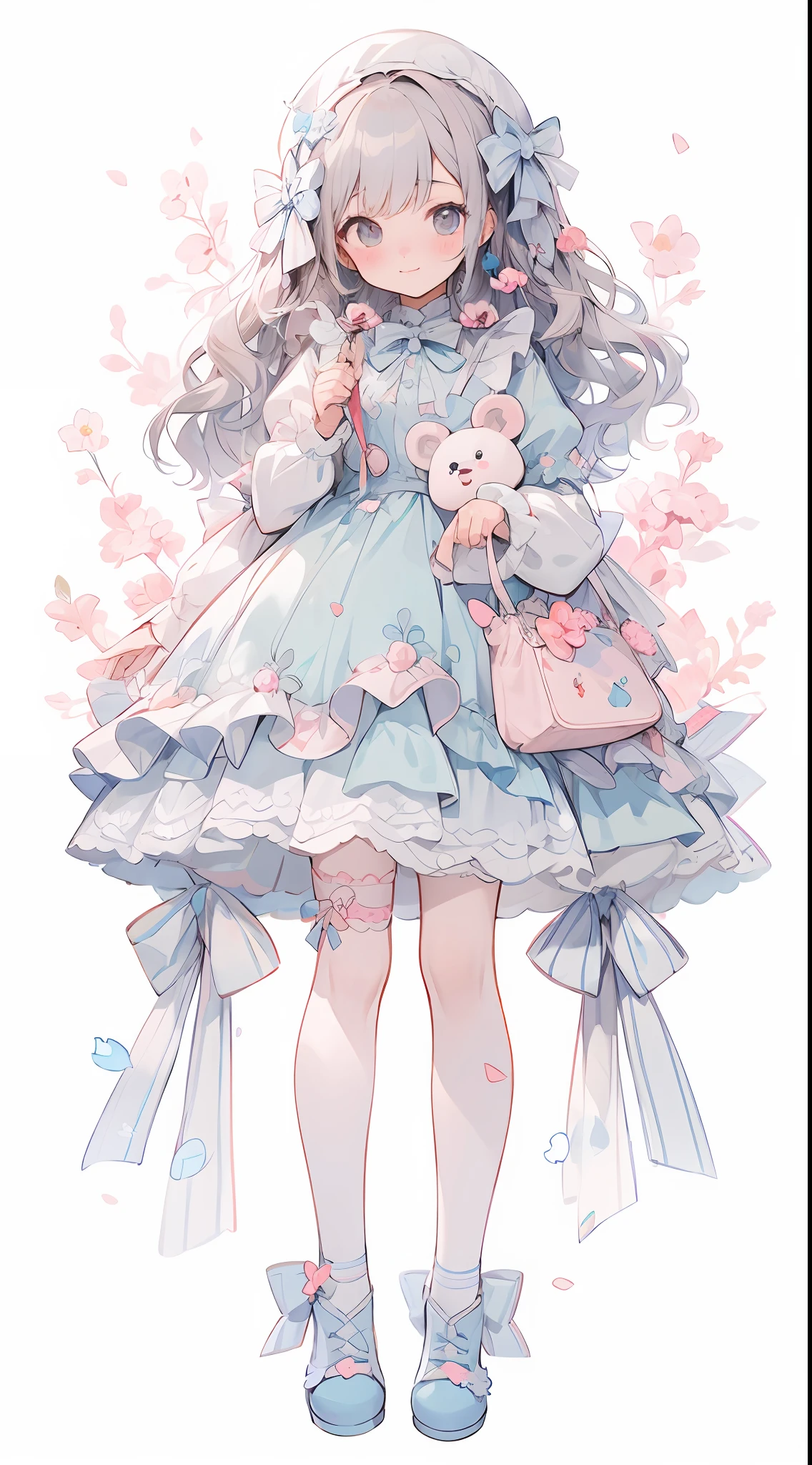 Anime girl in teddy bear and blue dress,  in dress, soft anime illustration, Cute anime waifu in a nice dress, anime full body illustration, digital art on pixiv, Cute art style, soft cute colors, Cute anime girl, guweiz on pixiv artstation, Anime Illustration, Trending on ArtStation pixiv, Full body illustration、Holding a stuffed bear