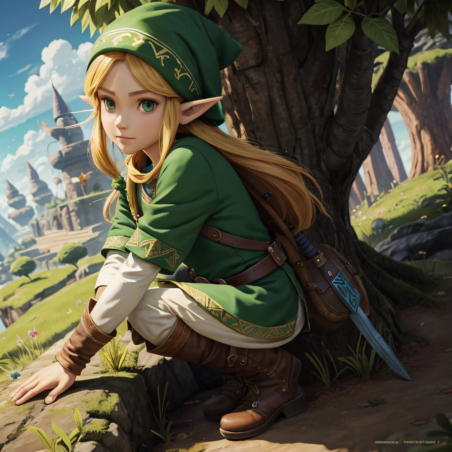 personagem do videogame "Zelda", , elfo, roupa verde, gorro verde, cabelo louro, luvas e botas marrom, detalhes intrincados