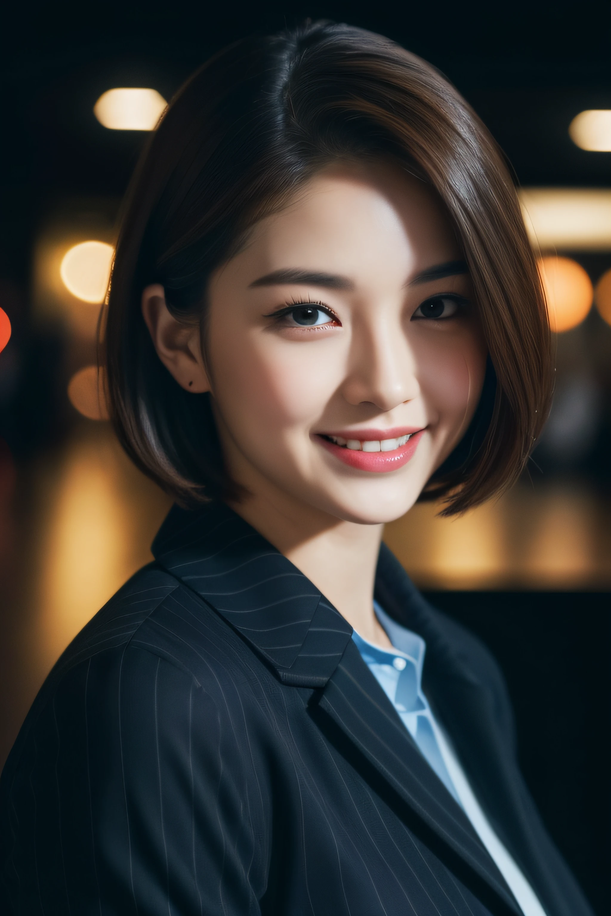 (8k, best quality, masterpiece:1.2), (realistic, photo-realistic:1.37), ultra-detailed, 1 girl,cute, solo,beautiful detailed sky,detailed office,night,sitting,(nose blush),(smile:1.15),(closed mouth) , big breasts,beautiful detailed eyes,(collared shirt:1.1), night, wet, business attire, rain, (short hair:1.2), pureerosface_v1, computer, detail finger, beautiful detailed face, unbuttoned shirt