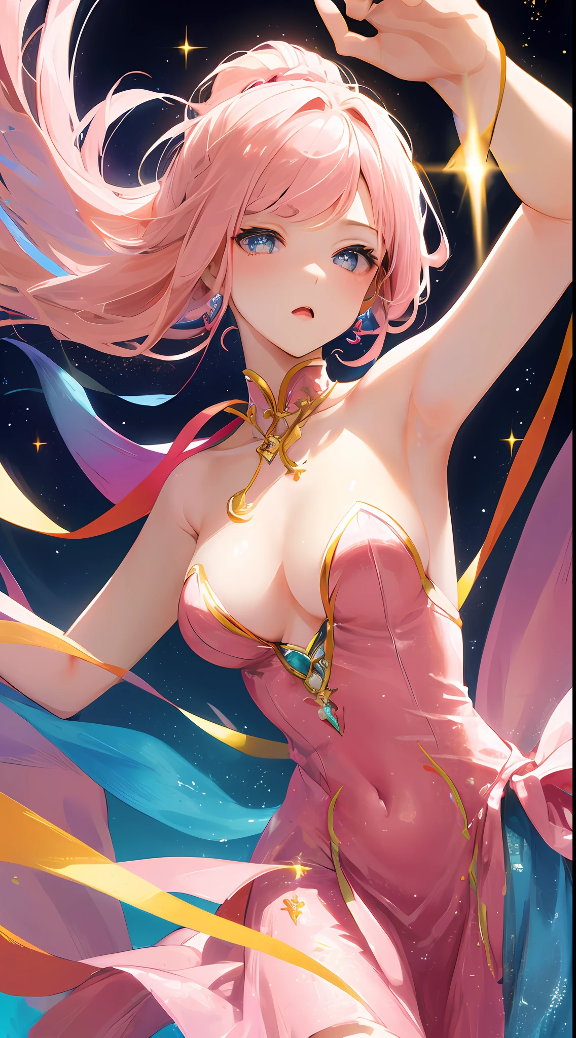 ((tmasterpiece、Need、Ultra-delicate、A high resolution)), 独奏, a beauty girl, sparkle eyes, perfect eyes, 15year old,nedium breasts, Pink hair,She is a dancer,Warmth