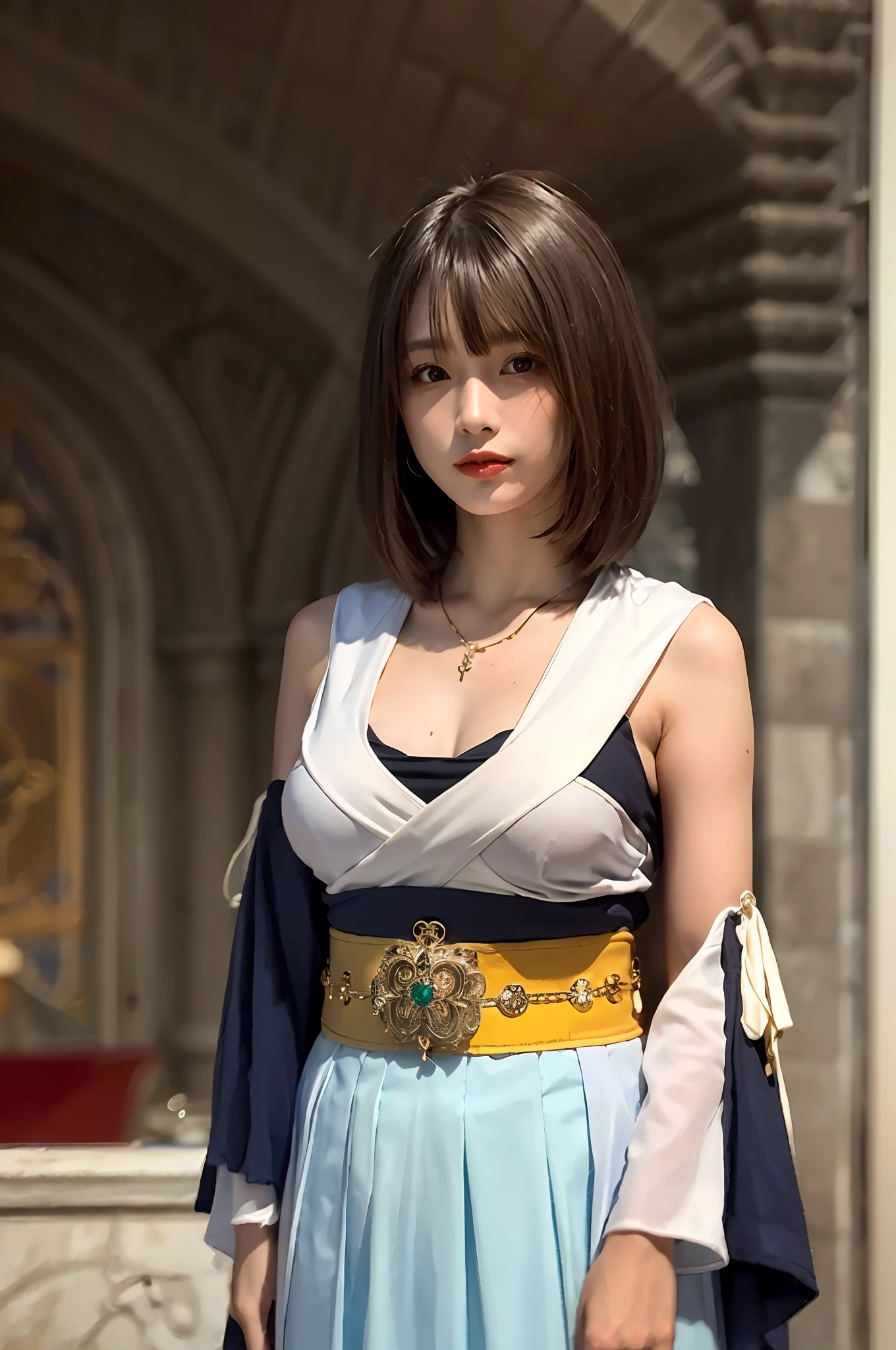 1girl, solo, jewelry, detached sleeves, necklace, blue-beaded earring, hakama skirt
YunaFFX,
ultra high res, photo, photorealistic, highly detailed, detailed face, solo cute woman, castle balcony,
medium breasts, (masterpiece, high quality),looking at viewer, gorgeous goddess, bob cut, shiny skin,
charming, alluring, dreamlike, royal cloak, ((thick bangs)),