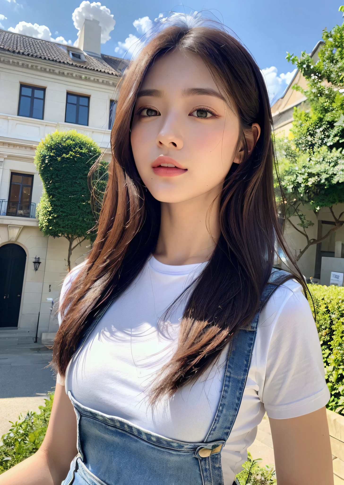 (Daytime, Excellent, 8K, Masterpiece:1.3)), Full body, Long legs, Focal length: 1.2, Perfect Body Beauty: 1.4, Slim Abs: 1.1, ((Dark Brown Hair, Big Breasts: 1.2 )), (White Skinny T-shirt, Denim Suspenders, Standing: 1.2), ((City, Blue Sky and White Clouds: 1.3)), Highly detailed face and skin texture, Detailed eyes, Double eyelids, Flying long hair