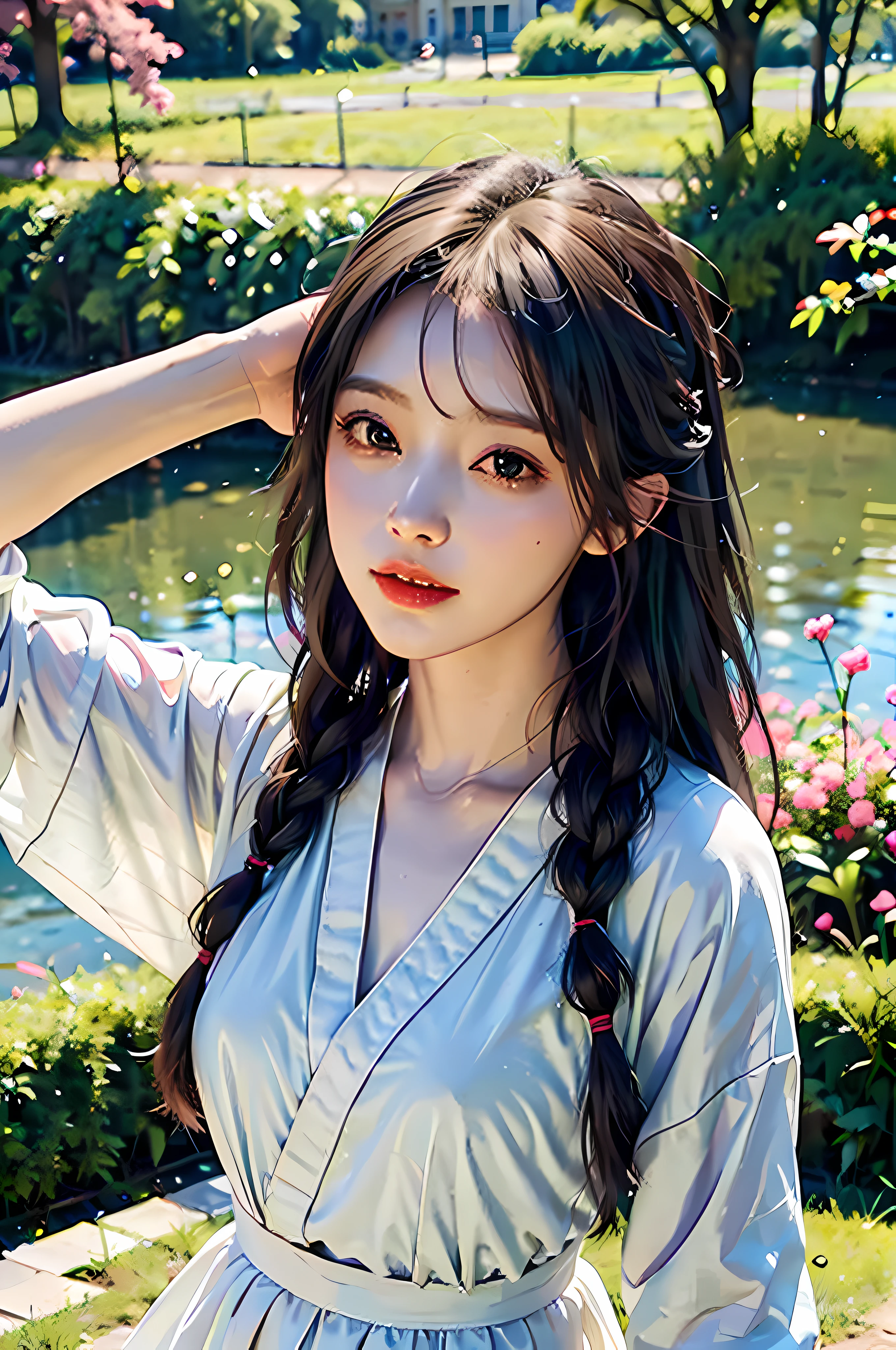 best quality,(RAW photo:1.2),(masterpiece:1.4),(photorealistic:1.4),(highres:1.4),
1girl, long hair, braid, butterfly, depth of field, from above,
hanami, cherry blossoms, lake, beautiful detailed water, black hair, long eyelashes,
pureerosface_v1, hanfu,
AESPAKARINA,
