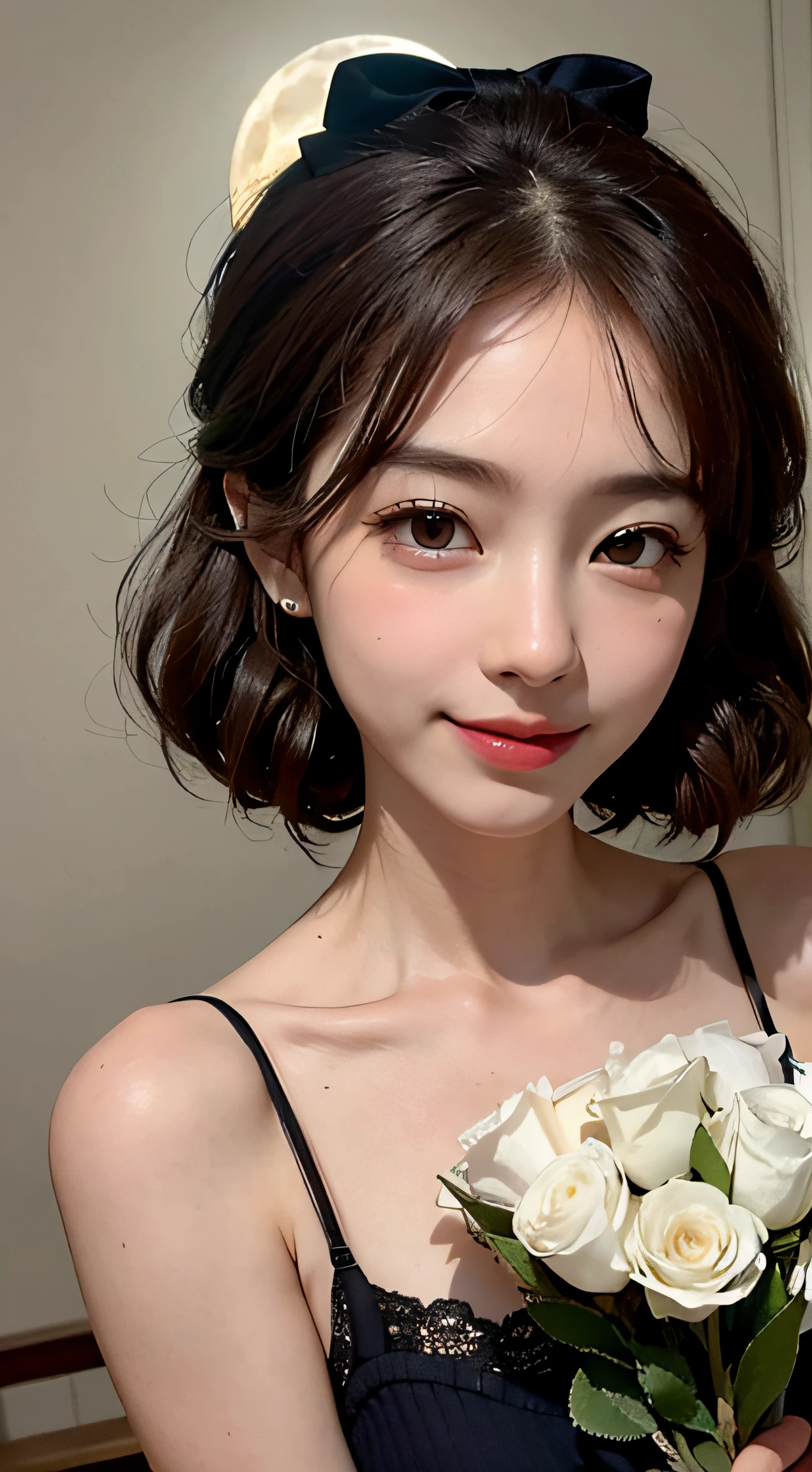 best qualtiy,tmasterpiece,4K,超高分辨率,(真实感:1.4),RAW photogr,Dark style,1girll,(Gorgeous black gift,Heavy-duty manual,Superb workmanship),A princess,hime cut,curlies,hair bow,flowers in head,thoughtful expression,looks into camera,Upturned eyes,Smiling eyes,Reach for a bouquet of white carnations,Look down and smell,((overgrown nature,Flower wall,natta,themoon,The moonlight shines on the face)),Waist Shot,Shy,in the darkness nigth,deep shading,low tune,cold light