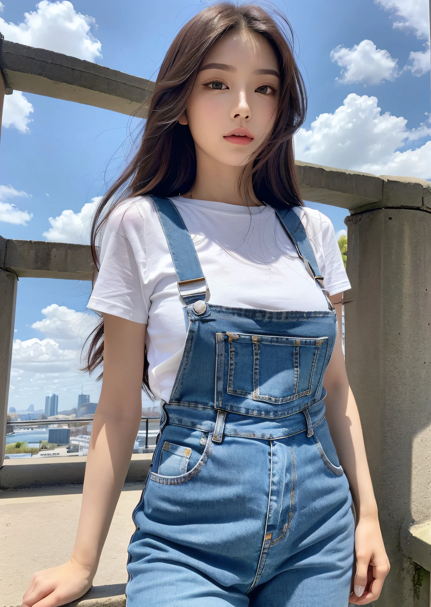 (Daytime, Excellent, 8K, Masterpiece:1.3)), Full body, Long legs, Focal length: 1.2, Perfect Body Beauty: 1.4, Slim Abs: 1.1, ((Dark Brown Hair, Big Breasts: 1.2 )), (White Skinny T-shirt, Denim Suspenders, Standing: 1.2), ((City, Blue Sky and White Clouds: 1.3)), Highly detailed face and skin texture, Detailed eyes, Double eyelids, Flying long hair