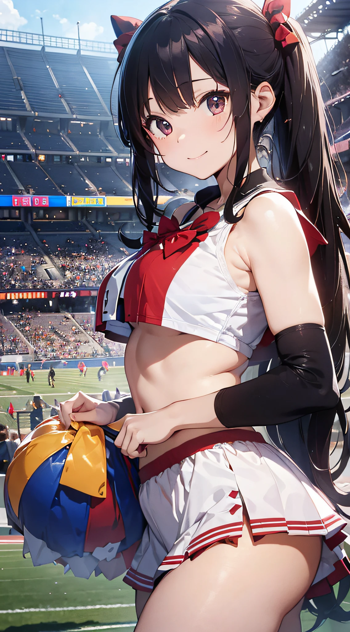 Ala Fed Asian cheerleader posing dynamically with large pom-poms in both hands in stadium、write、a closeup、cosplay foto、Anime Cosplay、tiny chest、Raw photography, top-quality, hight resolution, (masterpiece), (Photorealsitic:1.4), professional photograpy, foco nítido, nffsw, 8K分辨率, intricate detailes, depth of fields, the Extremely Detailed CG Unity 8K Wallpapers, front lit, girl with, beautiful supermodel, A smile、A slender、Mary Rose、Twin tail hair、Dense depiction、Korean style uniform、posterior view、Angle at which underwear can be seen