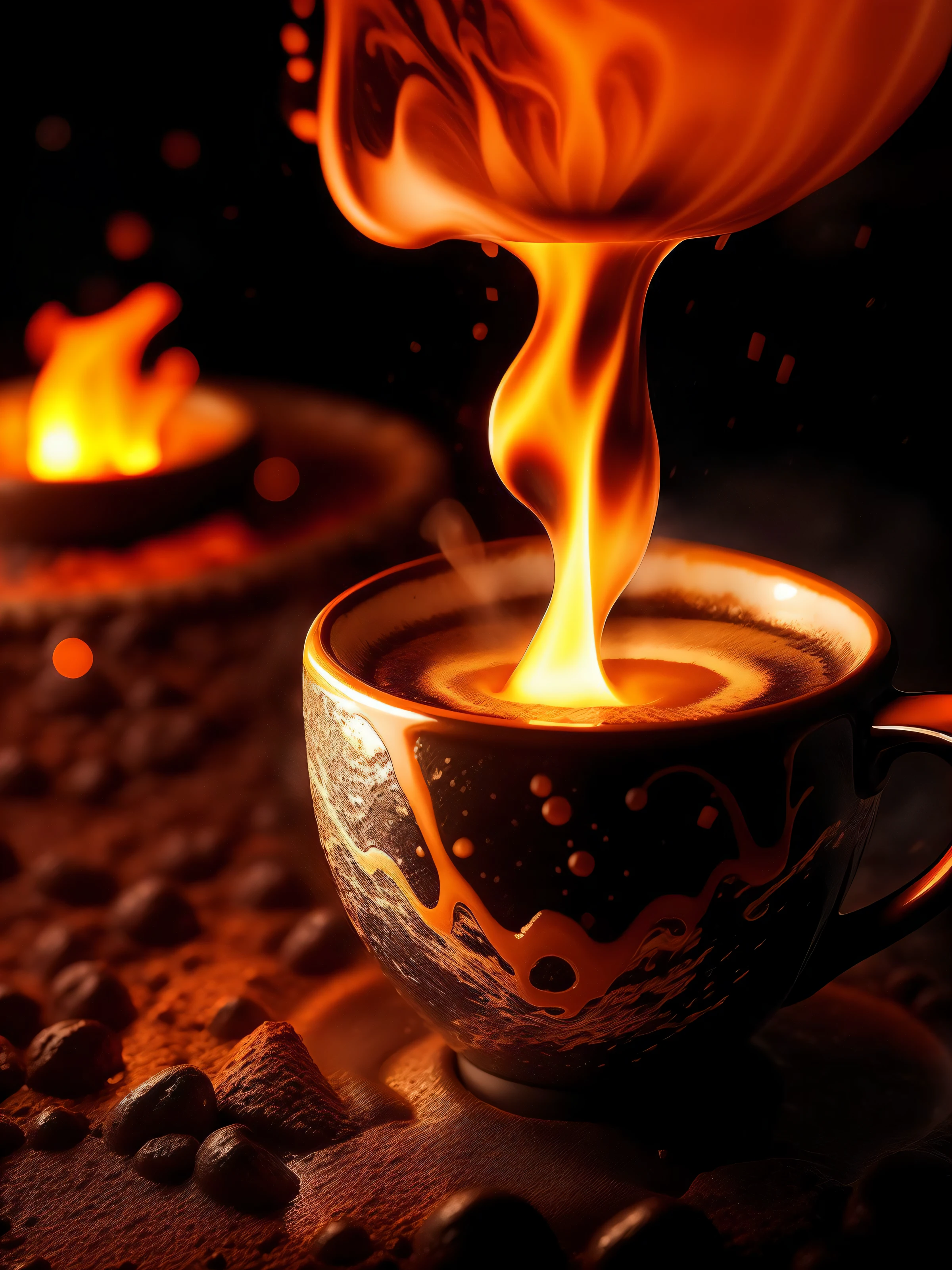 Volcano Coffee cup, latte art of maximal coffee, violently erupting out of kintsugi black lava rock coffee cups, rims glowing hot, molten red coffee lava splashing and overflowing out of the cup, volumetric dust particles, exploding lava, steam, floating celestial, bokeh, night, moonlight, moonbeams, surreal, magic dust