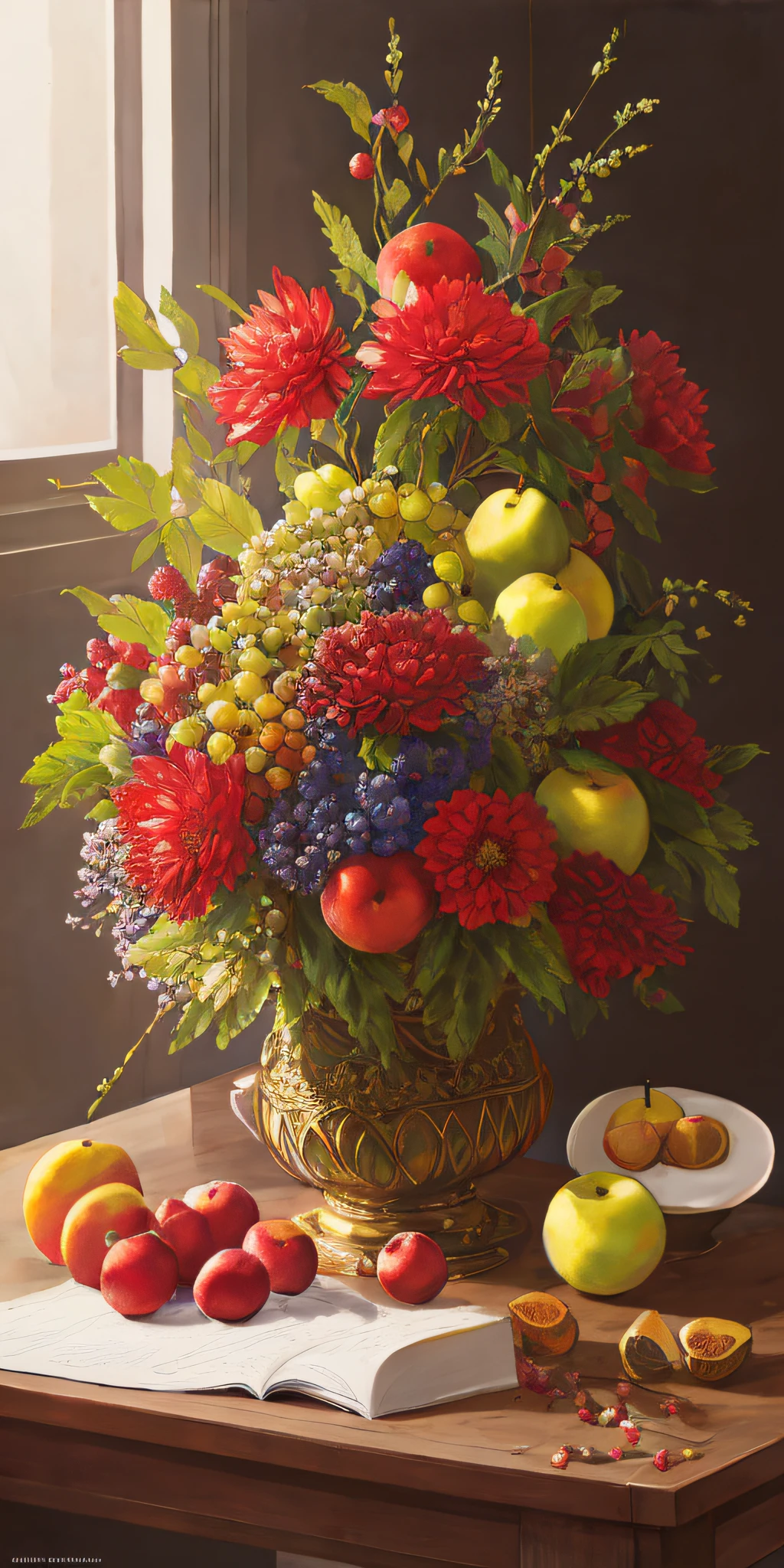 masterpiece, fruit basket and book on the table, still life, renato muccillo, fruits and flowers, harvest, photorealistic oil on canvas, sergey krasovsky, Vladimir Borovikovsky, nikolay kopeikin, Kim Hwangi, Illarion Pryanishnikov, Jason Benjamin fruit, photorealistic, extremely detailed, artstation trends, CGsociety trends, Intricate, highly detailed, dramatic, intermediate art And a masterpiece, best quality, high quality, hoarfrost on fruit, patina