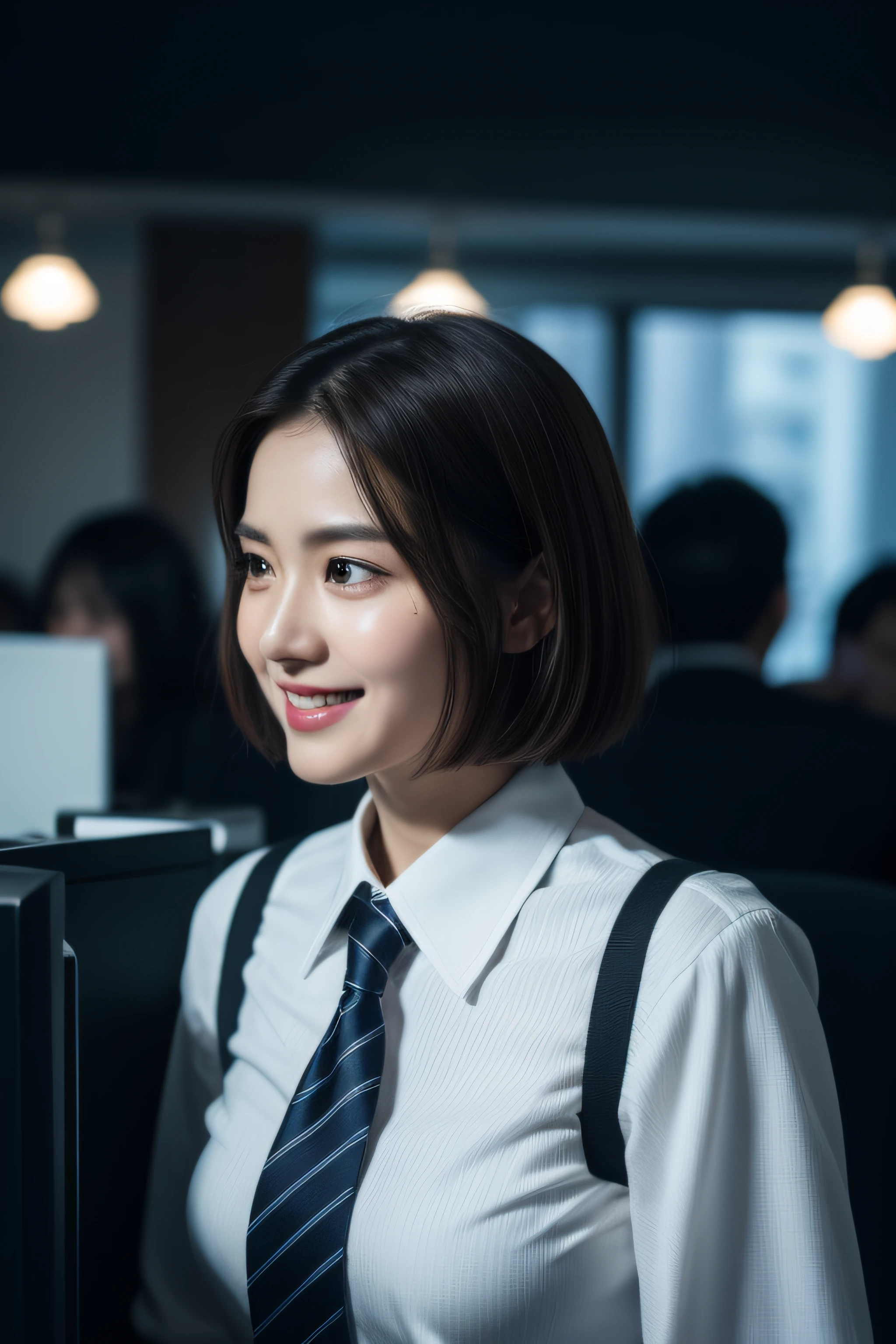 (8k, best quality, masterpiece:1.2), (realistic, photo-realistic:1.37), ultra-detailed, 1 girl,cute, solo,beautiful detailed sky,detailed office,night,sitting,(nose blush),(smile:1.15),(closed mouth) , big breasts,beautiful detailed eyes,(collared shirt:1.1), night, wet, business attire, rain, (short hair:1.2), pureerosface_v1, computer, detail finger, beautiful detailed face, top unbuttoned shirt, (full body :1.5)
