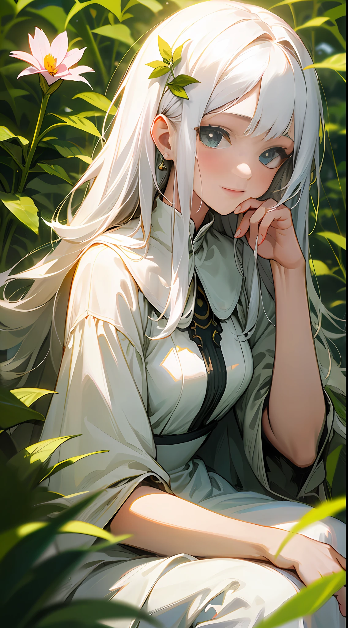 (masterpiece, best quality),1girl with long white hair sitting in a field of green plants and flowers, her hand under her chin, warm lighting, white dress, blurry foreground