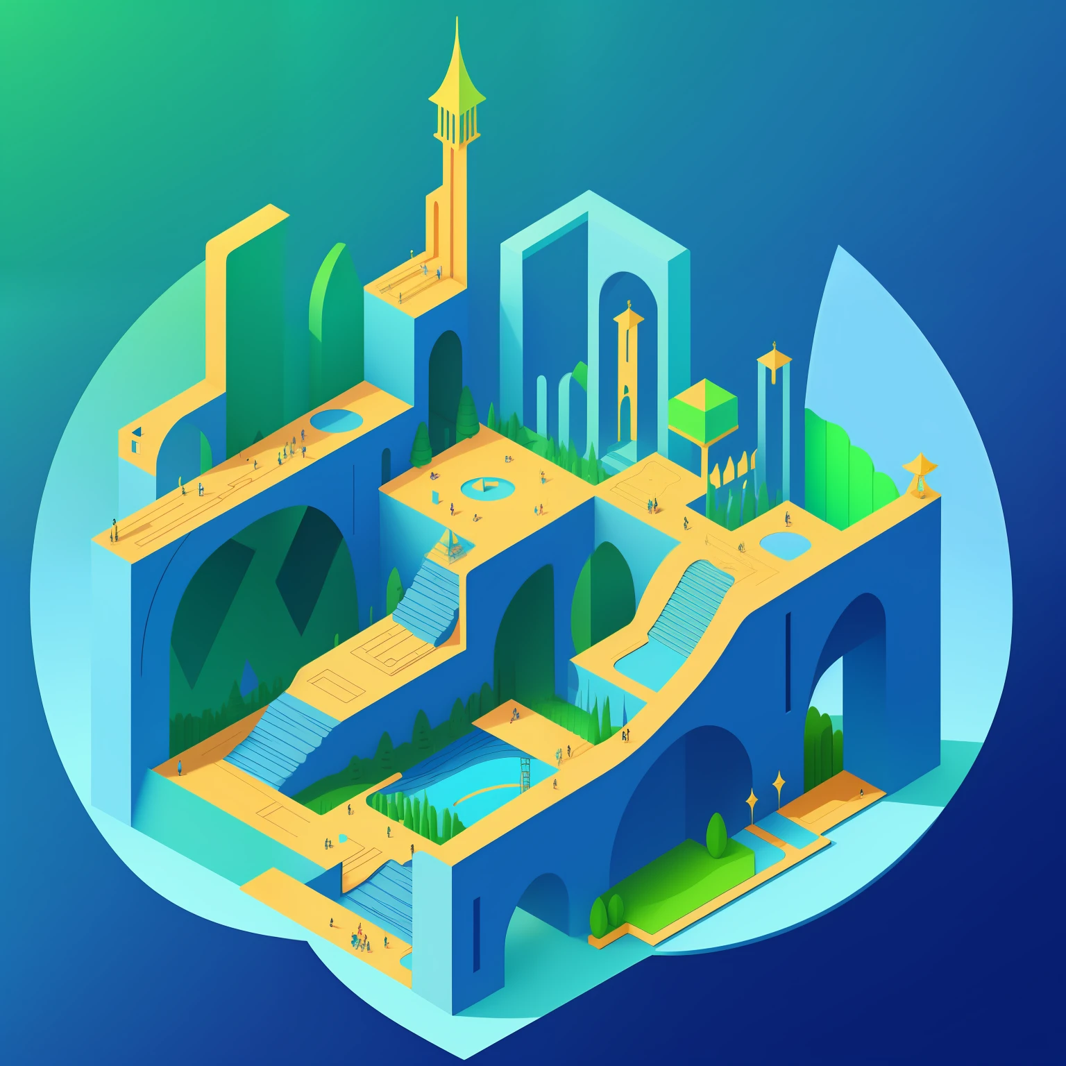 Monument Valley Style 2.5D illustration，Solid geometry，roller coasters，Pantone blue-green gradient，Dream of the future sky garden，Creative wide-angle composition