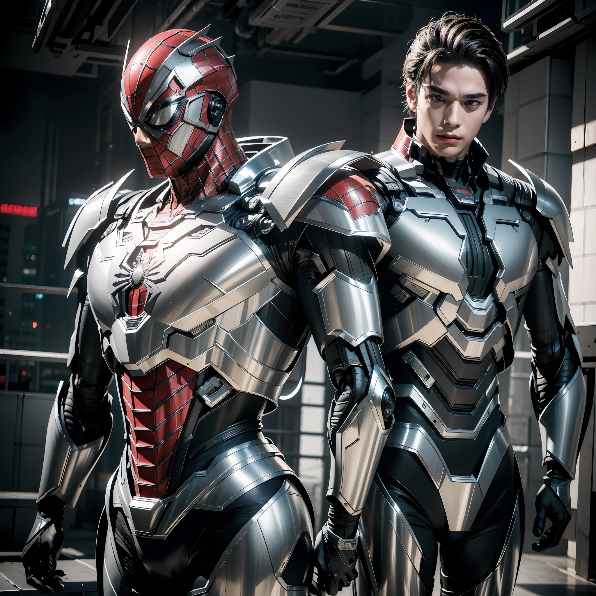 1boy ，Perfect facial features，Handsome face，Wear Spider-Man-style metal mechs，Machinary，Mecha，Photorealsitic，metalictexture，Metal armor，eyes looking at the lens，best qualtiy，c4d渲染，rendering by octane，Cinematic quality，tmasterpiece，16k
