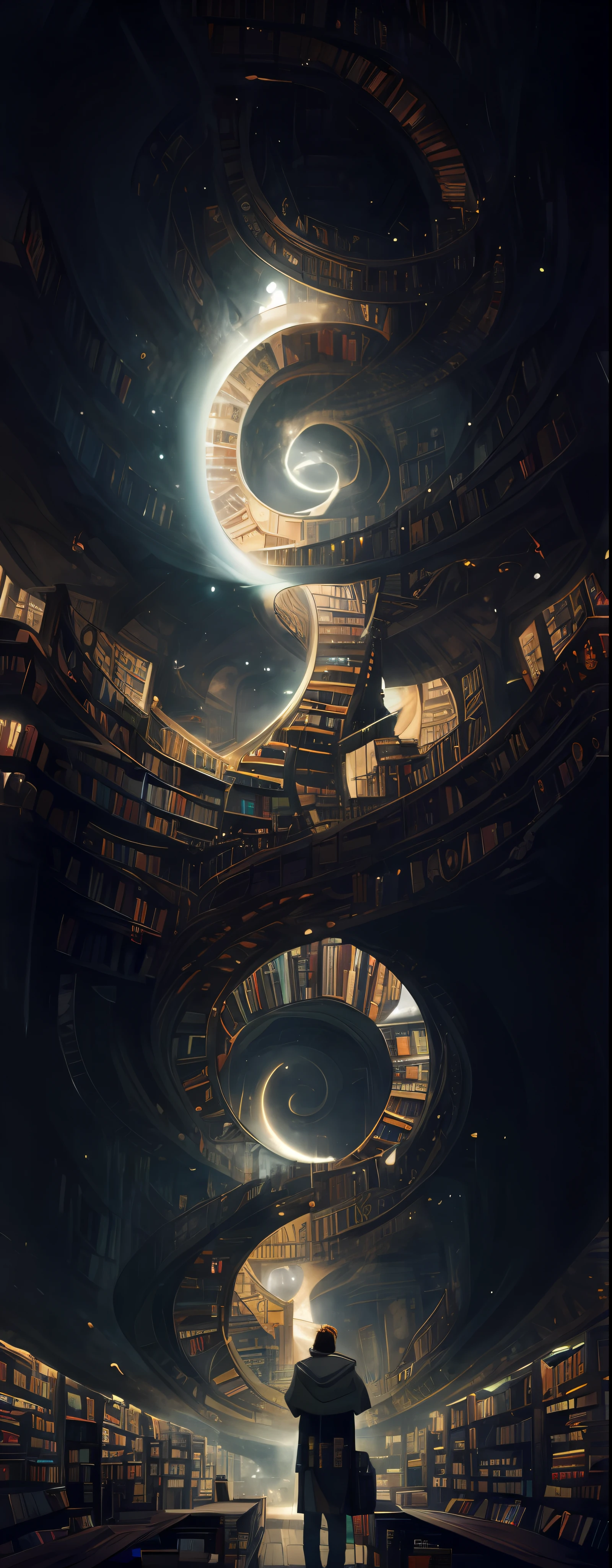 arafed image of a man standing in a library with books, endless books, borne space library artwork, books cave, fantasy book illustration, spiral shelves full of books, infinite celestial library, an eternal library, gothic epic library concept, magic library, japanese sci - fi books art, beeple and jean giraud, books all over the place