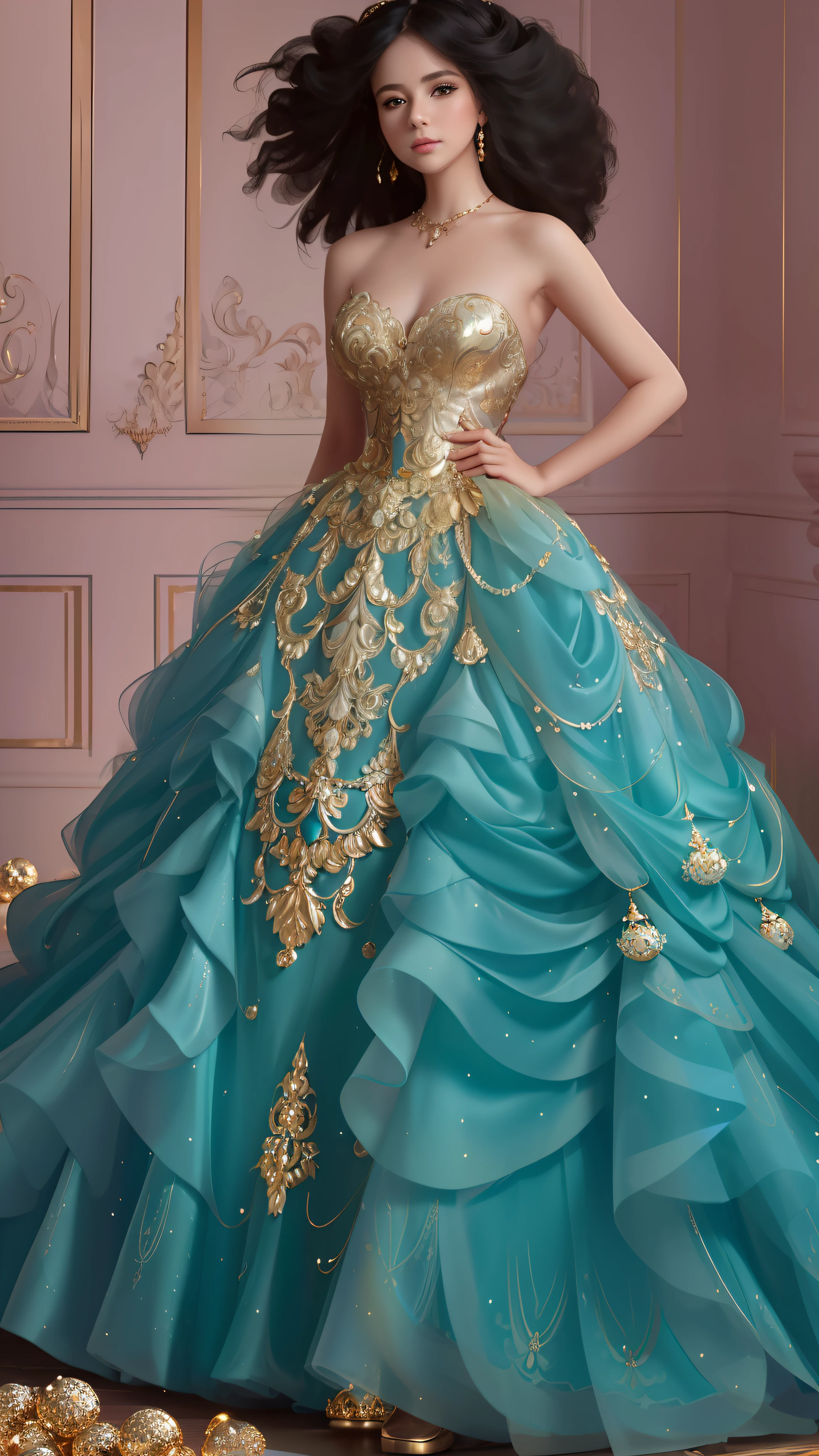 a hyper realistic photograph of a girl standing wearing a majestic light beige and gold ball gown dress, big beautiful dress, intricate puffy ball gown with lots of ruffles and rhinestones (Best quality, masterpiece, ArtStation, Fantasy Art:1.2), a palace room, a beautiful cute girl, (long white hair:1.1), (intricate short gold skirt, bare legs:1.2, full body shot)