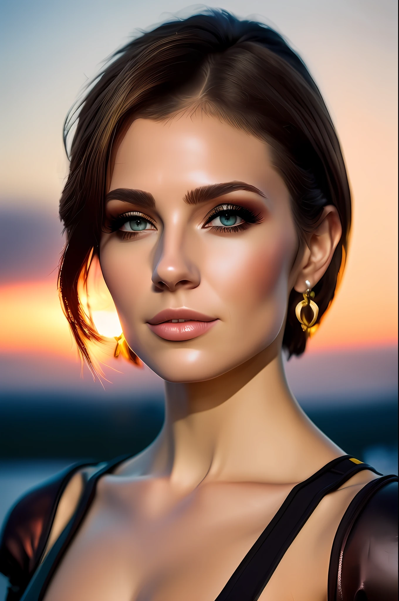 юная Eveel SG, (David Barnett-style atmosphere · Newton Hellmuth · Yuriy Arkurs ),makeup, blush on cheeks, Against the backdrop of the evening sunset, (Short Hair Hair, brown-haired woman: 1.2),(Deep detail of the eyes and skin: 1.2),mascara on the eyelids ,ssmile, Proper anatomy of the body, Highly professional light, Detailed, Perfect gradient, tmasterpiece, dslr, 8K UHD, Canon EOS RP Body, HTF, ISO200, f/2,8, 70mm