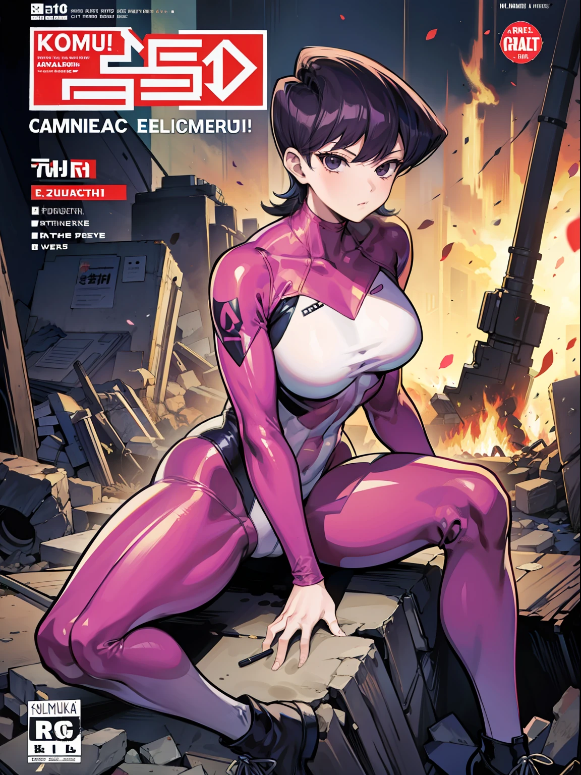 Komi Shuuko,tightsuit，Comic cover style，Comic cover title,