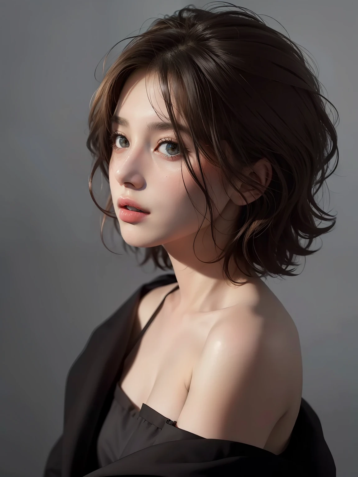 Best quality, masterpiece, ultra high res, (photorealistic:1.5), raw photo, 1girl, offshoulder, in the dark, deep shadow, low key, cold light, sexy look, short hair