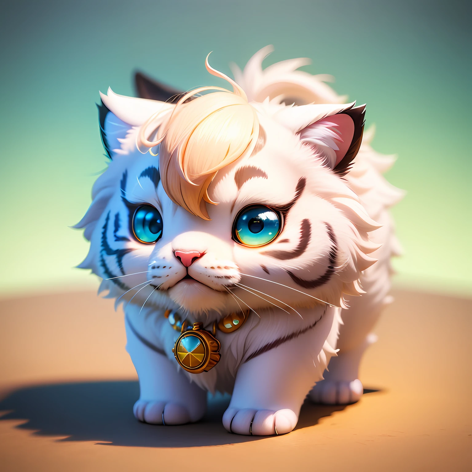 cute tiny hyperrealistic white tiger with different color eyes waring a necklace, Chibi, adorable and fluffy, logo design, cartoon, cinematic lighting effect, charming, 3D vector art, cute and quirky, fantasy art, bokeh, hand-drawn, digital painting, soft lighting, isometric style, 4K resolution, photorealistic rendering, highly detailed clean, vector image, photorealistic masterpiece, professional photography, simple space backdrop, flat white background, isometric, vibrant vector