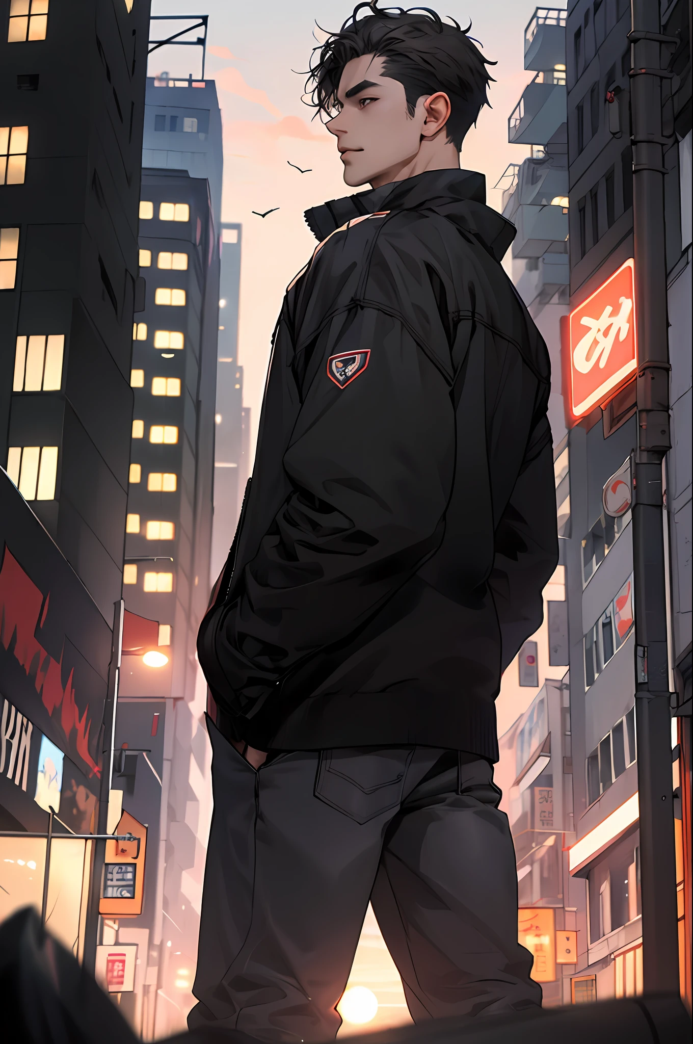 1man,masterpiece,best quality, ultra high res, dusk,cityscape,depth of field, short black messy hair, solo male