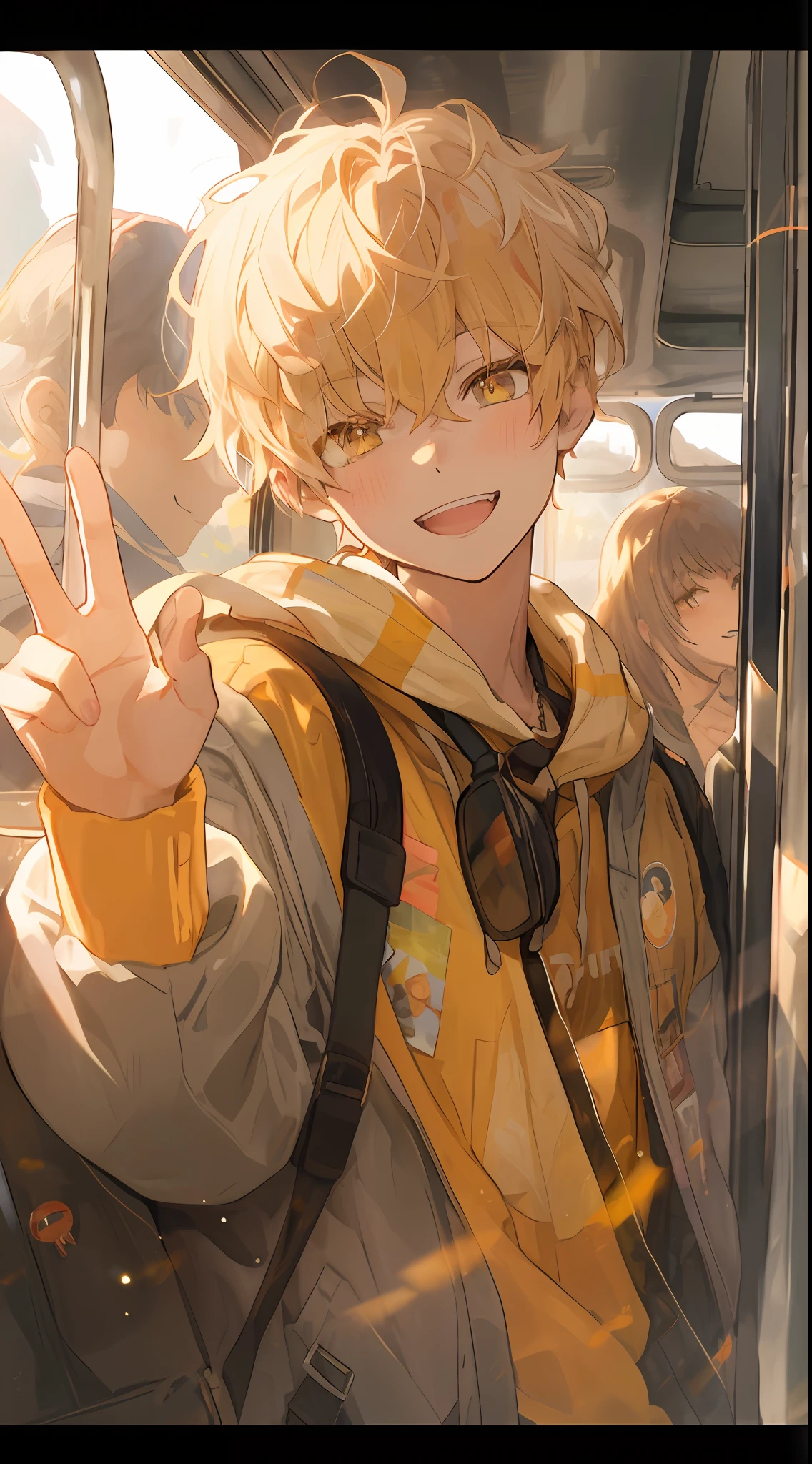 Anime boy with blond hair and yellow shirt on the bus, artwork in the style of guweiz, orange - haired anime boy, guweiz, kawacy, Trending on ArtStation pixiv, smileing nright, blonde boy with yellow eyes, with index finger, guweiz on pixiv artstation, Anime Boy, young anime man