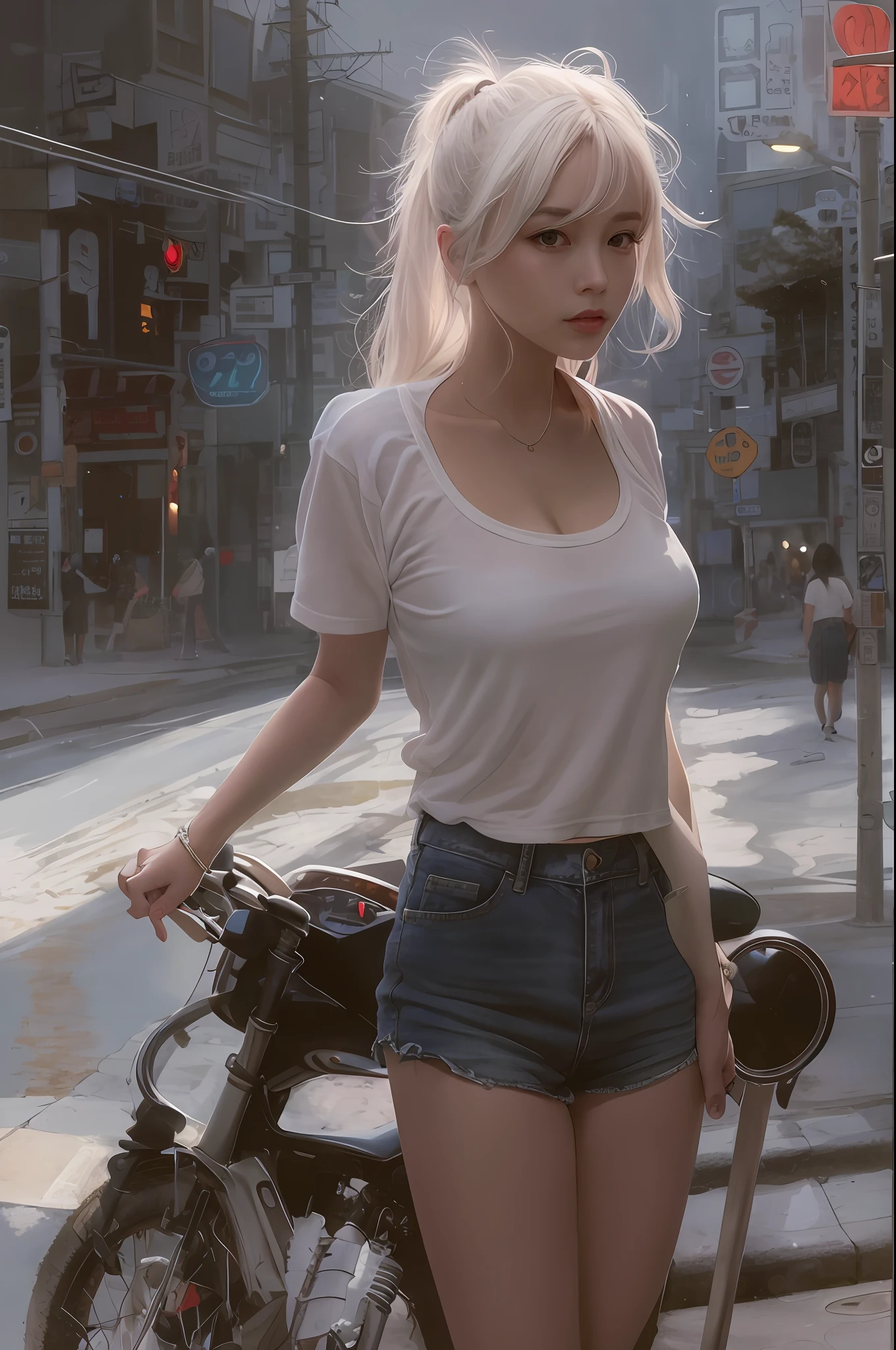Woman figure(Wear white crop tops:1.2),(Wear denim skirts:1.1),ModelShoot style,(Extremely detailed Cg Unity 8K wallpaper),The most beautiful artistic photo in the world,Professional majestic Ed Brinkie、atey ghailan、Oil painting by Studio Ghibli,Jeremy Mann、Greg Manchess、Works by Antonio Moreau,Trends on ArtStation,Trends on CGSociety,iintricate,high detal,Clear focus,Dramatic,Realistic painting art,by Midjourney and Greg Rukowski,(thongs),(On the road at night:1.1),(looking at viewert),(Detailed eyes:1.2)