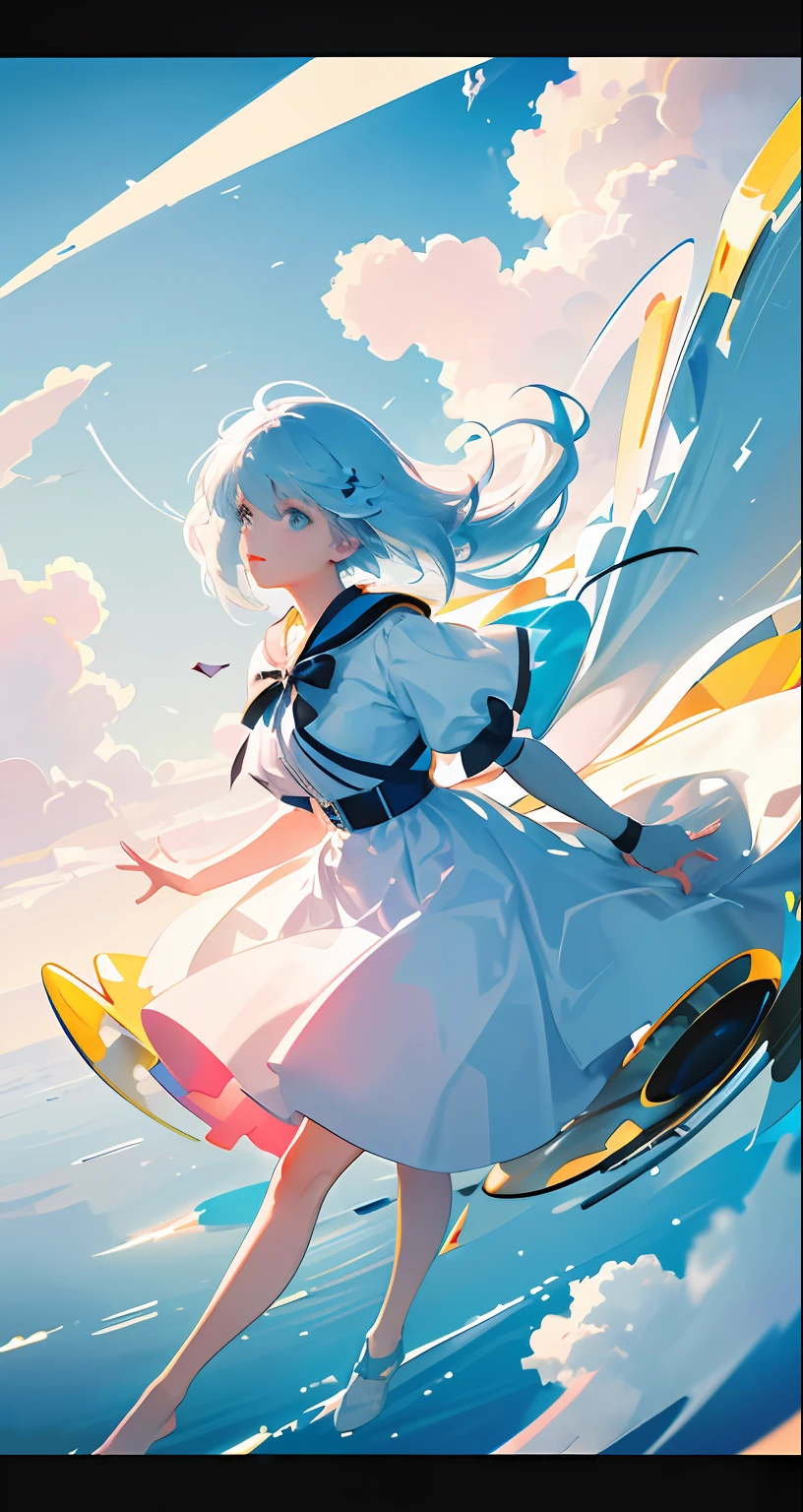 masterpiece, best quality, movie still, 1girl, floating in the sky, cloud girl, cloud, (close-up:1.1), bright, happy, fun, soft lighting, (Bauhaus, shapes, lines, abstract:1.1)