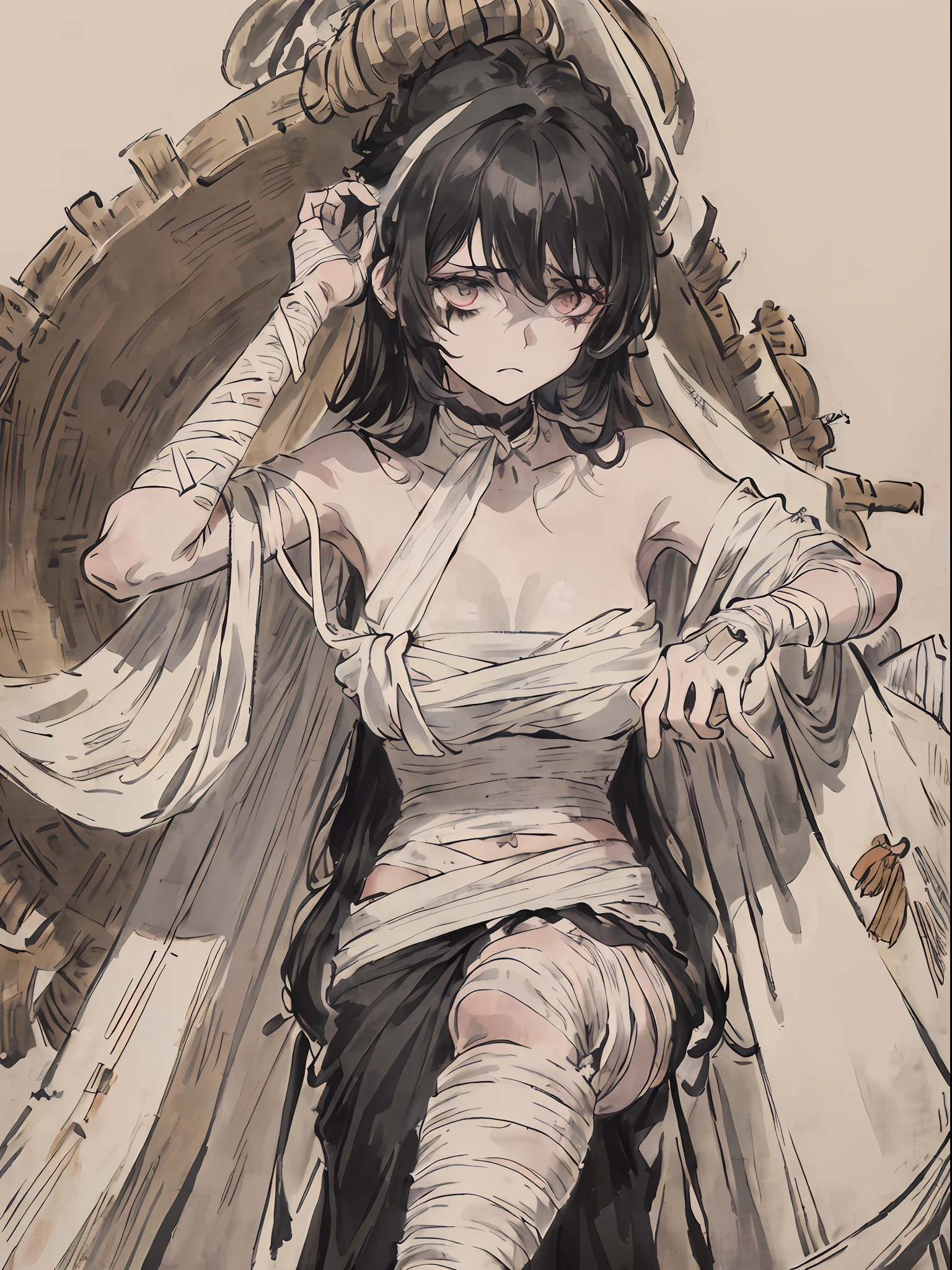 ((masterpiece))、((top-quality))、((Official art))、8K、very detailed illustration、Black hair、Bob hairstyle、A detailed eye、(Mummy girl with white bandages from head to foot)、Loosely rolled bandage、((Mummified Girl))、Delicate body、((Dark look))、(Depressed look 1.5)、Professional Model Pose、glamor、seminude