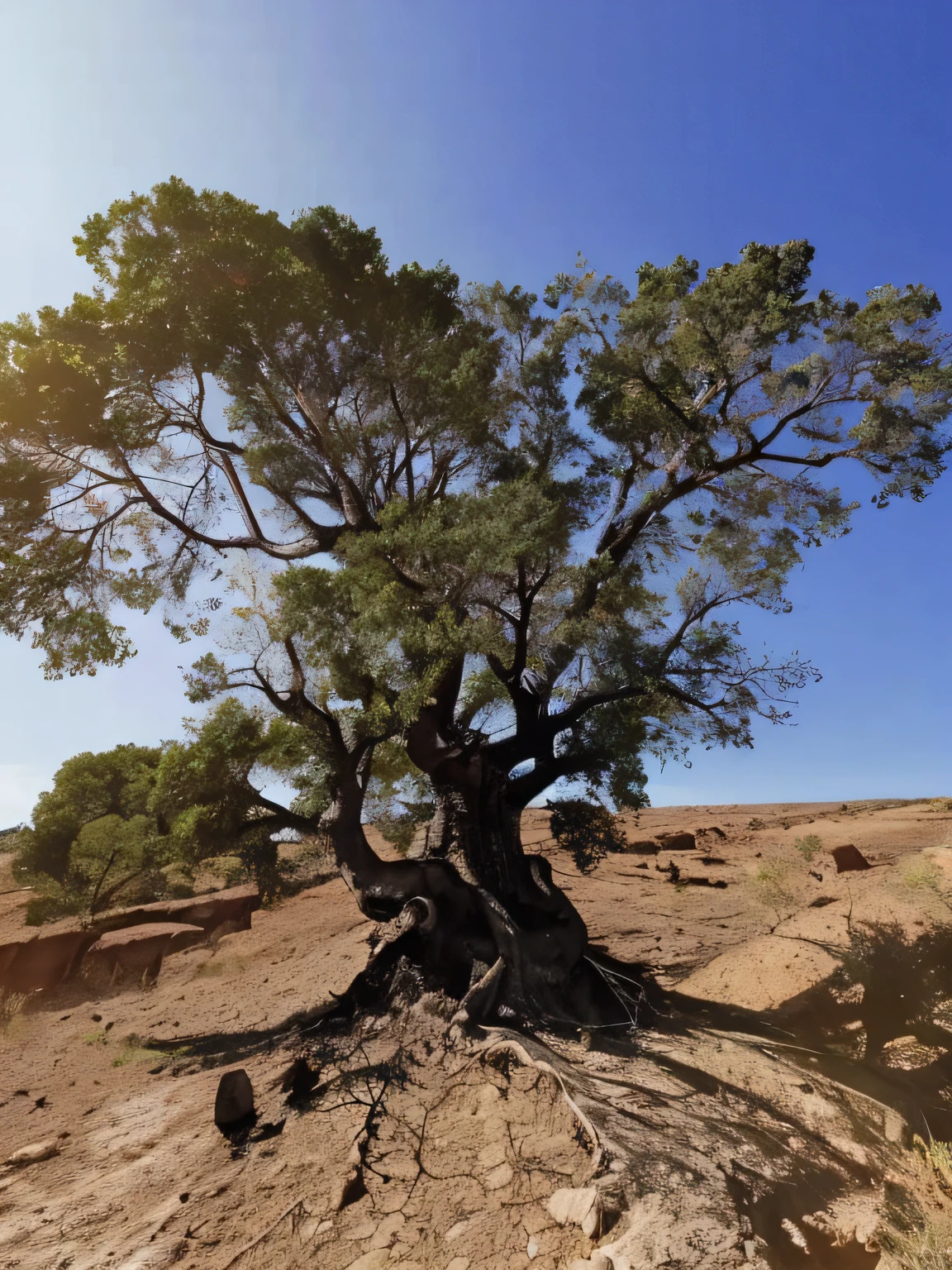 Close up of a tree on a rocky mountain in blue sky, age-old tree, old trees, huge central tree, Baobabs, huge ancient trees, A beautiful tree, The Tree of Life, big trees, giant tree, View from below, rich tree, Ancient trees, still from nature documentary, an old twisted tree, still from nature documentary --auto